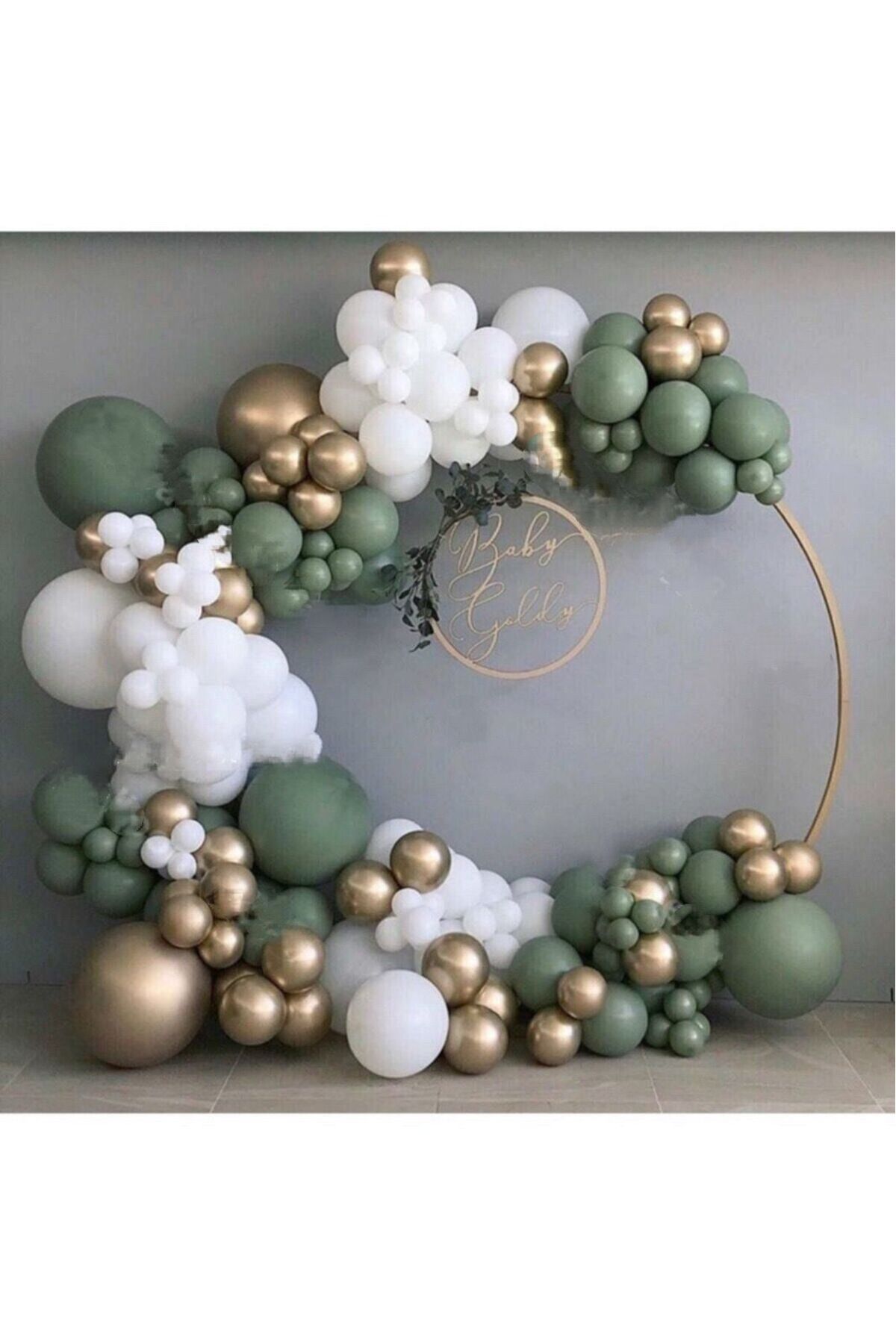 50 Adet Krom Gold Küf Yeşili Ve Pastel Beyaz Balon Zinciri
