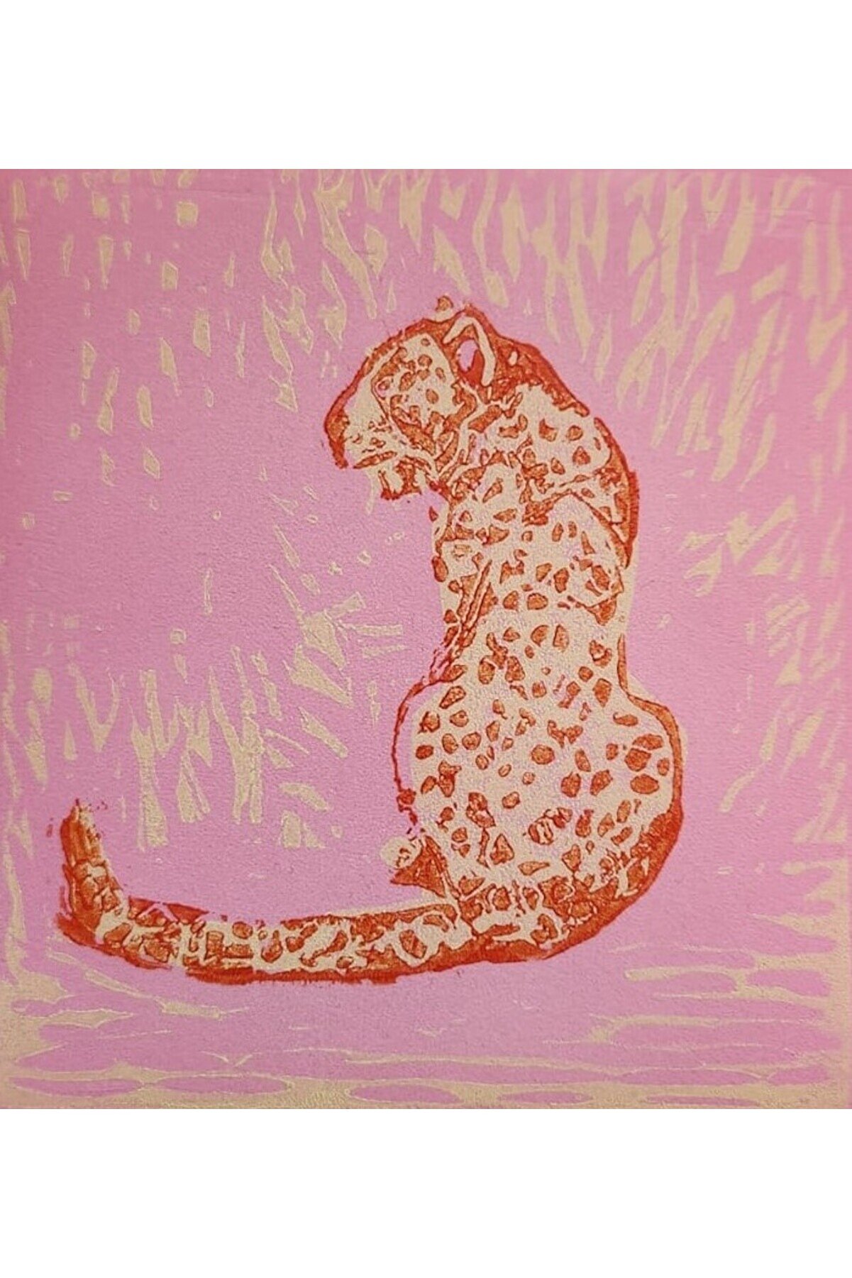 Özgün Baskı - Kırmızı Leopar Resmi - Linolyum