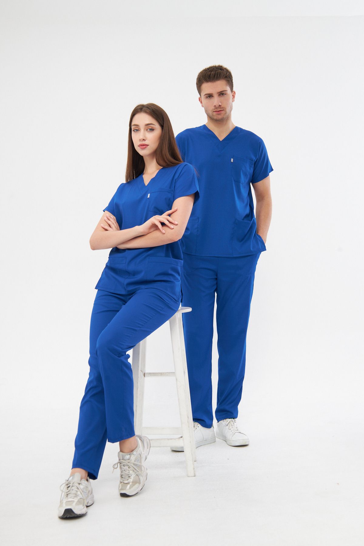 Saks Mavi Likralı Unisex Medikal Hemşire Ve Doktor Üniforması Scrubs Cerrahi Giyim Takım