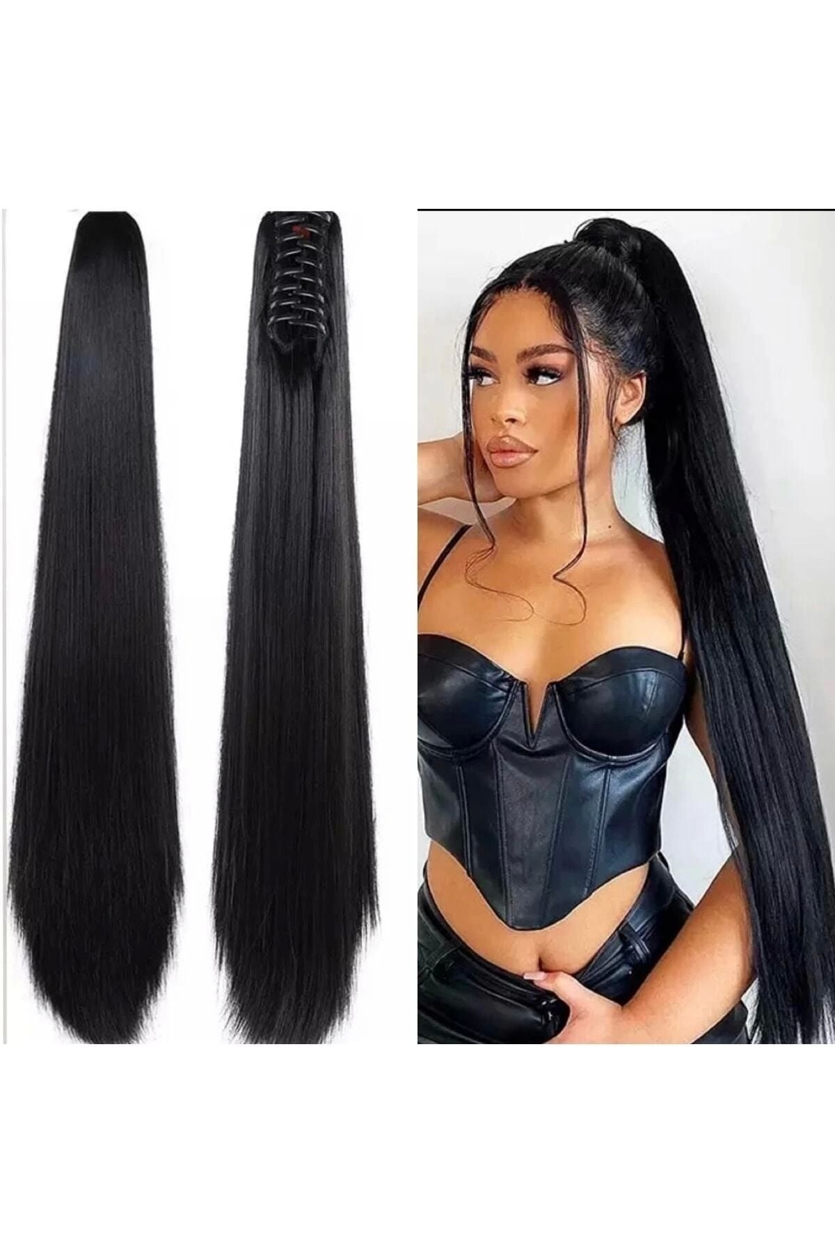 Düz Siyah Tokalı At Kuyruğu Postiş 65 Cm 220 Gram