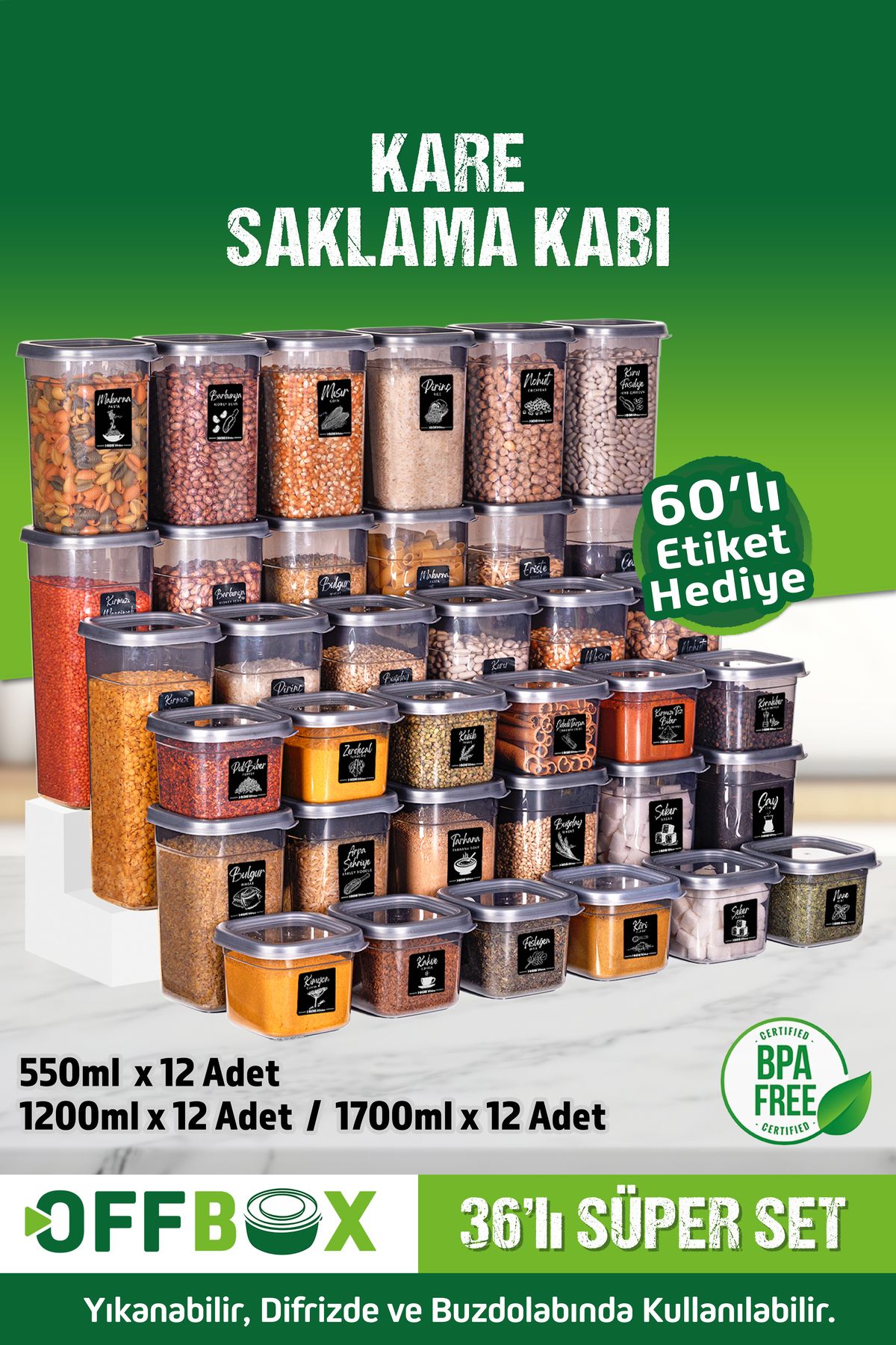 36 Adet 72 Parça 0,55-1,2-1,7 Litre Kare Erzak Bakliyat Saklama Kabı Seti 60 Etiket Hediyeli