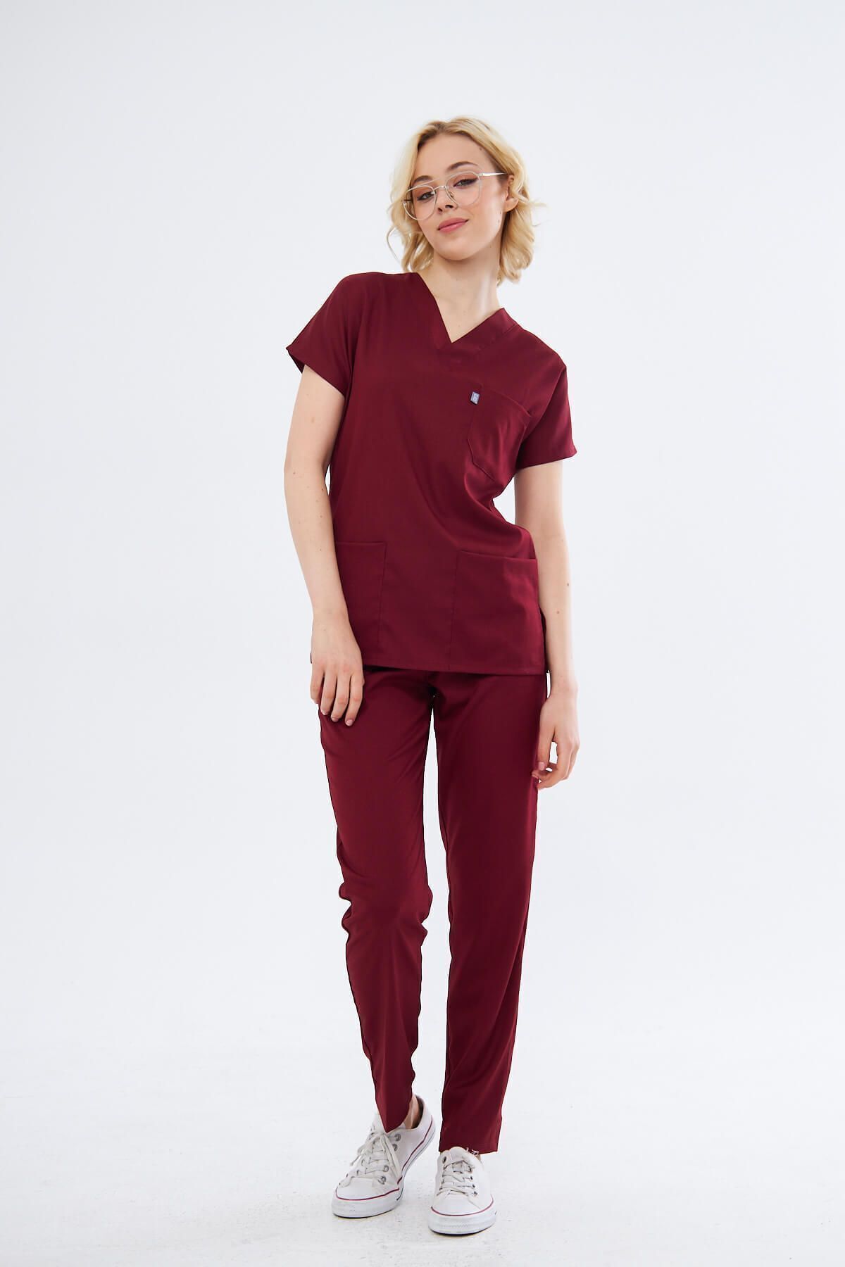 Bordo Medikal Hemşire Üniforması Unisex Yüksek Pamuk Likra Doktor Hekim Hemşire Scrubs