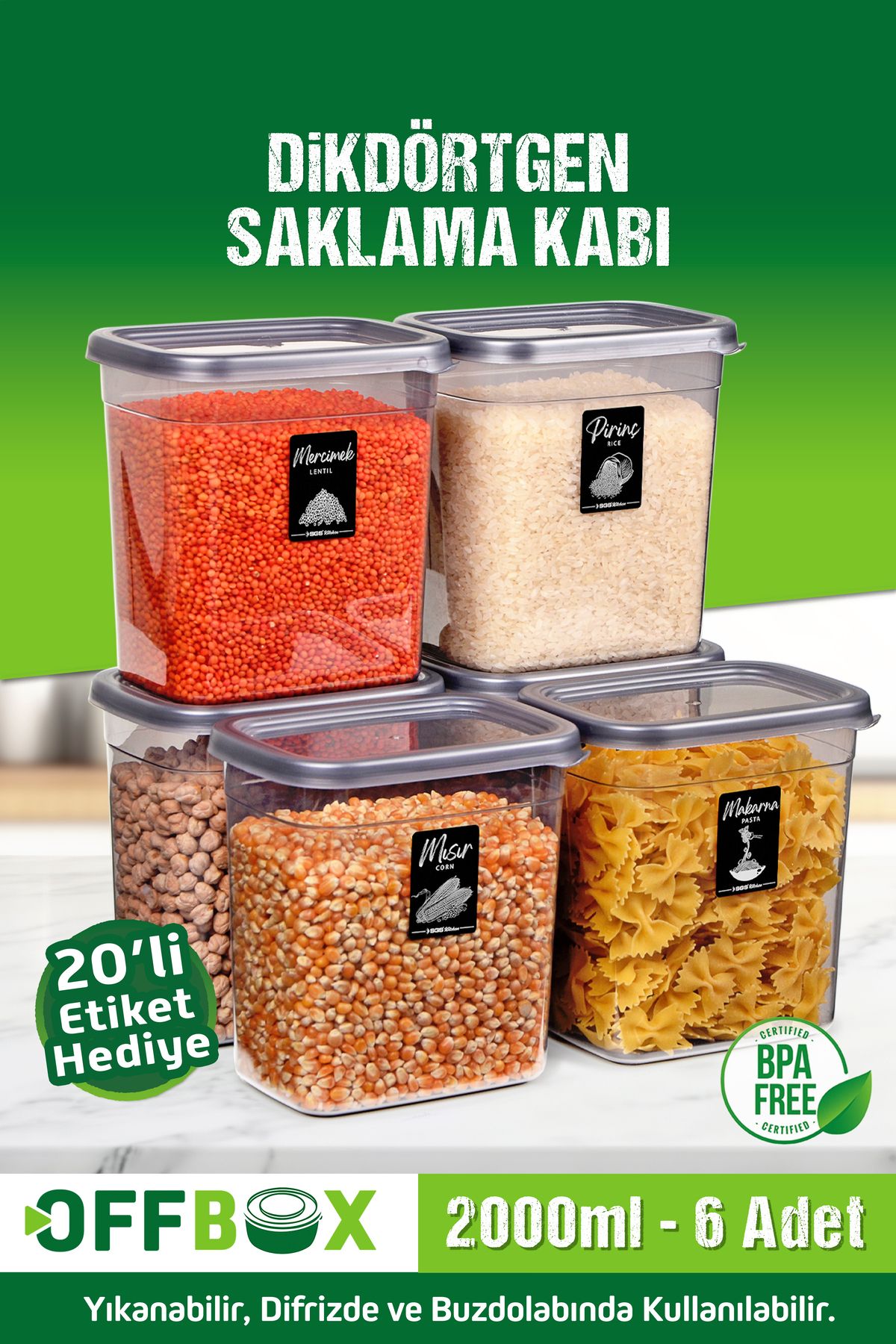 6 Adet 12 Parça Dikdörtgen 2 Litre Erzak Bakliyat Saklama Kabı Çeyiz Seti 20 Etiket Hediyeli