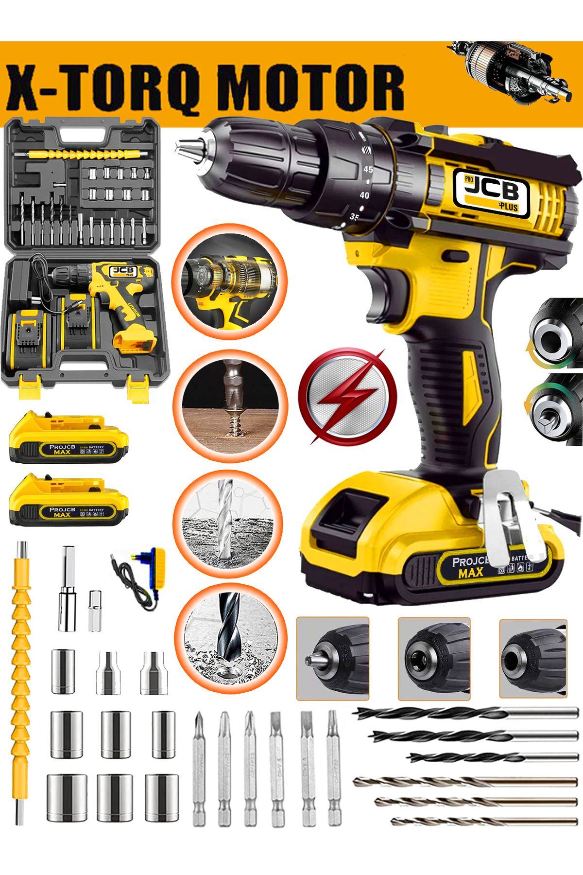American Spark J-3980 Çift Akülü Vidalama Matkap 45 Kademe Torq 398 Wf Metal Şanzuman Usta Set