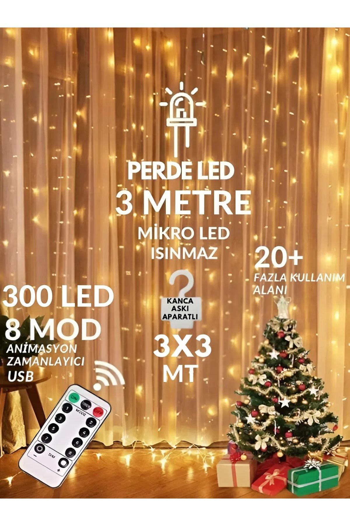 300 Ledli 10 Sarkıt Perde Led Işık-8 Fonksiyon, Uzaktan Kumandalı, 3x3 Metre