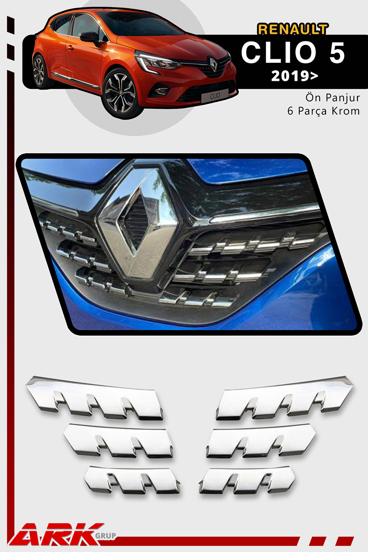 Renault Clio 5 Ön Panjur 6 Parça Paslanmaz Çelik Krom