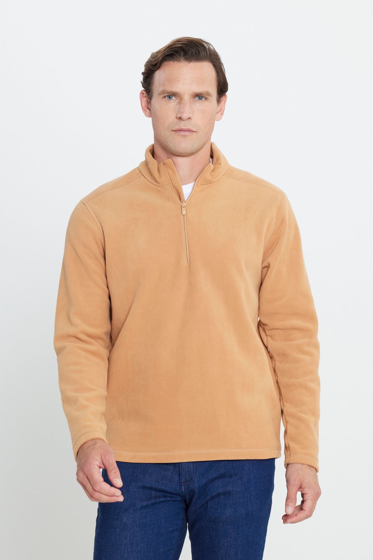 Erkek Karamel Anti-pilling Tüylenme Yapmayan Standart Fit Dik Yaka Soğuk Geçirmez Polar Sweatshirt