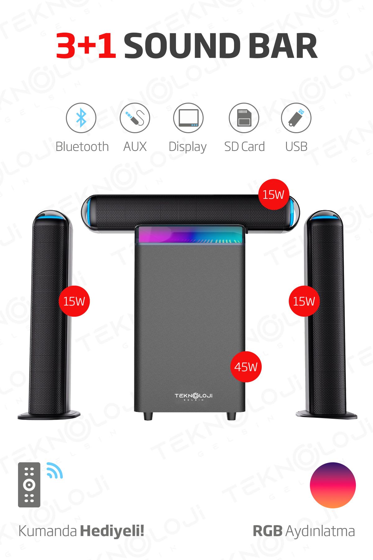HP-TV01 3+1 Soundbar Ev Sinema Sistemi Stereo Hd Ses Kalitesi Rgb Kablolu 45W AMFİ 15WX3  SOUNDBAR