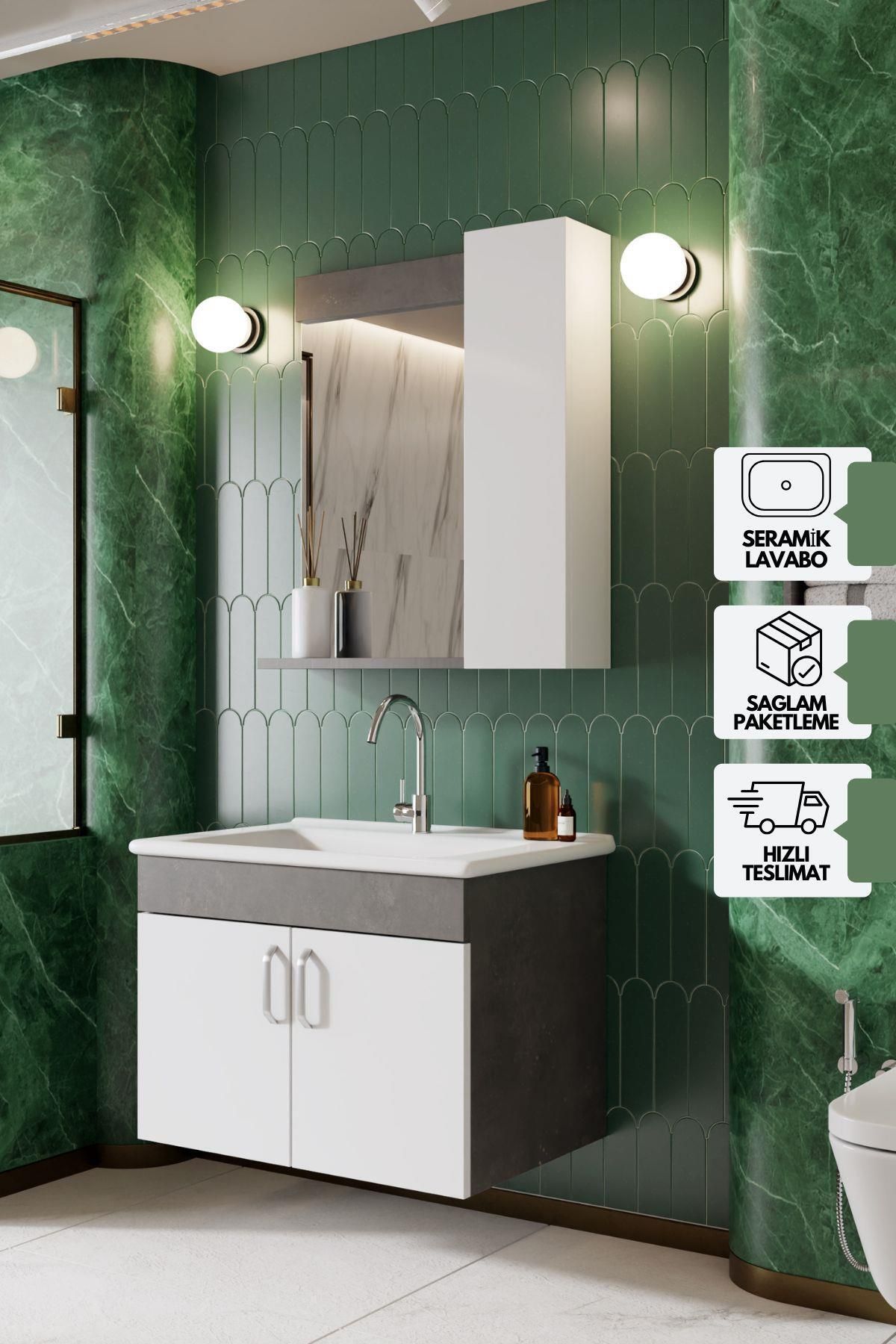 Gümüş 65 Cm Lavabolu Banyo Dolabı Retro Gümüş-beyaz Lavabo Dahil