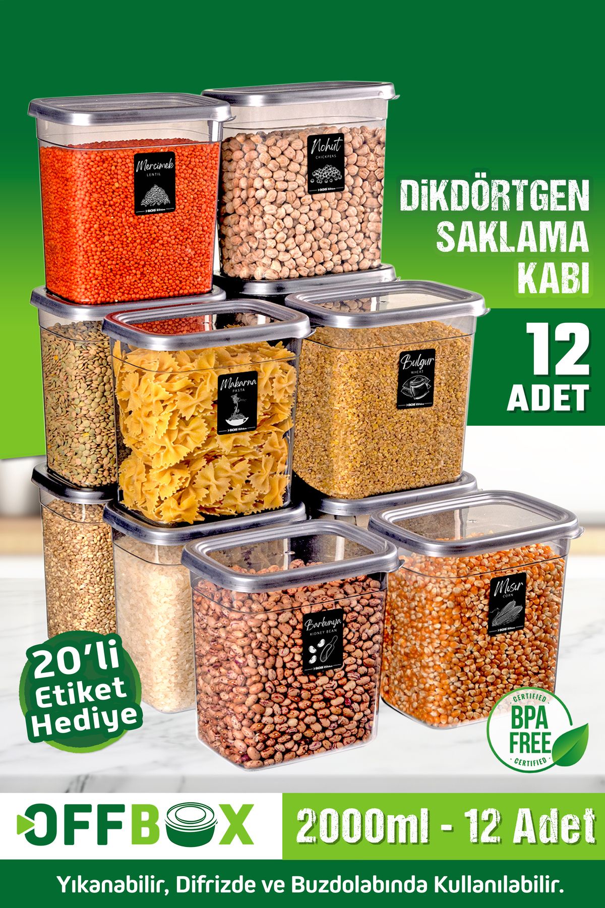 12 Adet 24 Parça 2 Litre Dikdörtgen Erzak Bakliyat Saklama Kabı Seti 20 Etiket Hediyeli