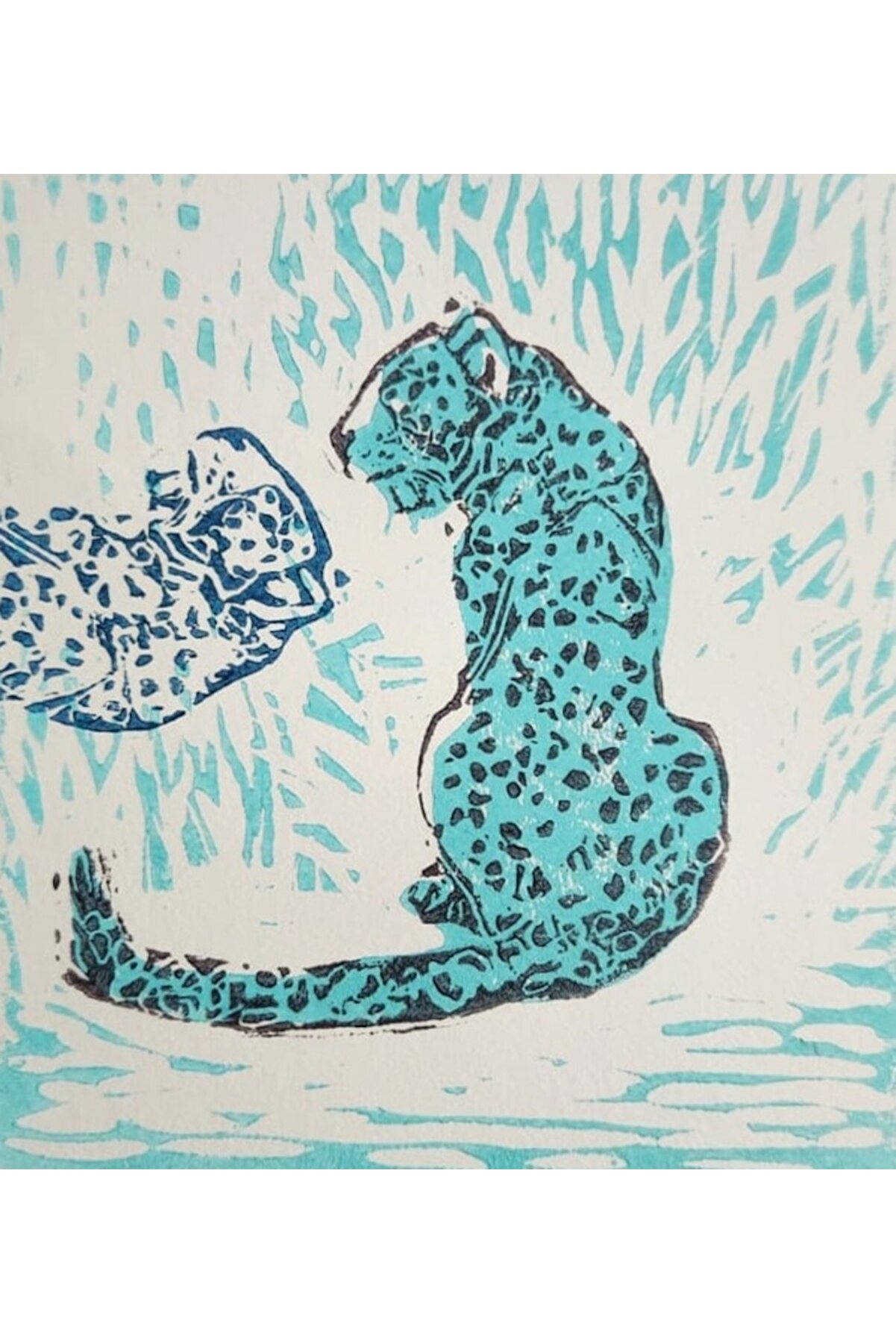 Özgün Baskı - Mavi Leopar Resmi İkili- Linolyum