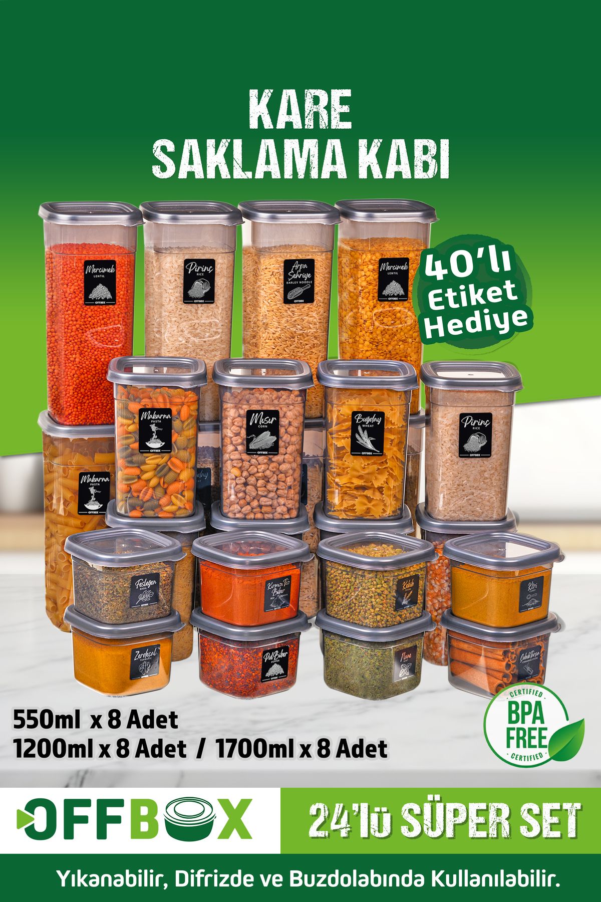 24 Adet 48 Parça 0,55-1,2-1,7 Litre Kare Erzak Bakliyat Baharat Saklama Kabı Seti 40 Etiket Hediyeli