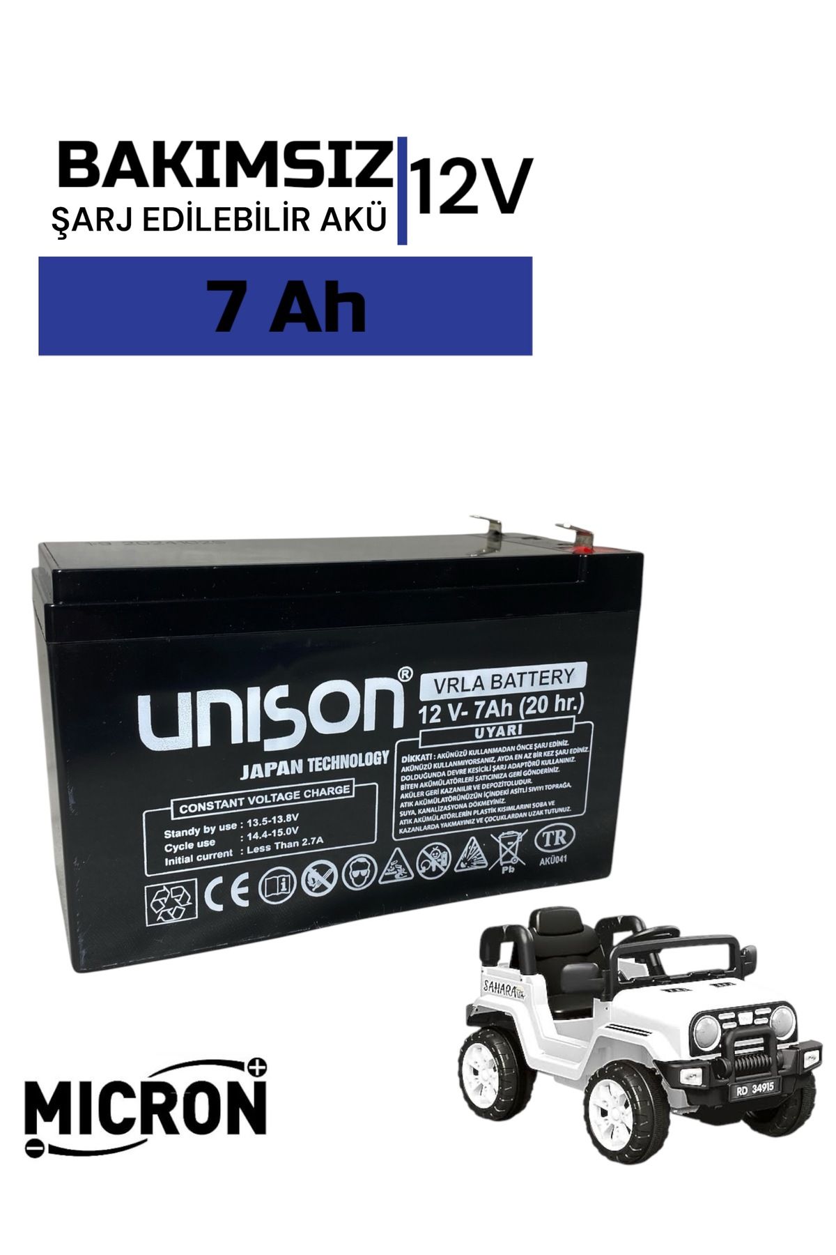 Unison Oyuncak Araba Aküsü(PİLİ, BATARYASI) 12v (VOLT) 7ah (AMPER)