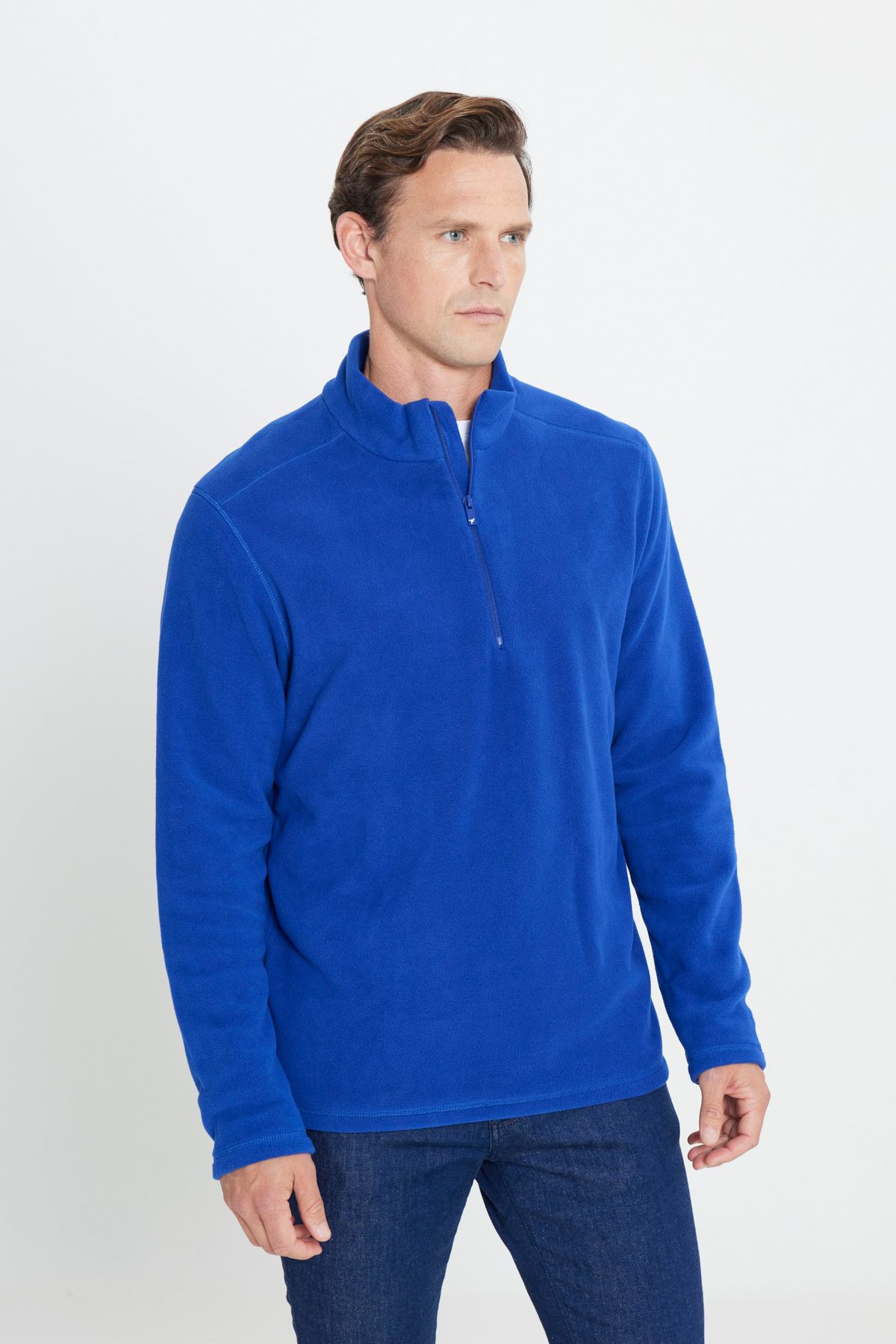 Erkek Saks Mavi Anti-pilling Tüylenme Yapmayan Isı Koruyan Standart Fit Dik Yaka Polar Sweatshirt