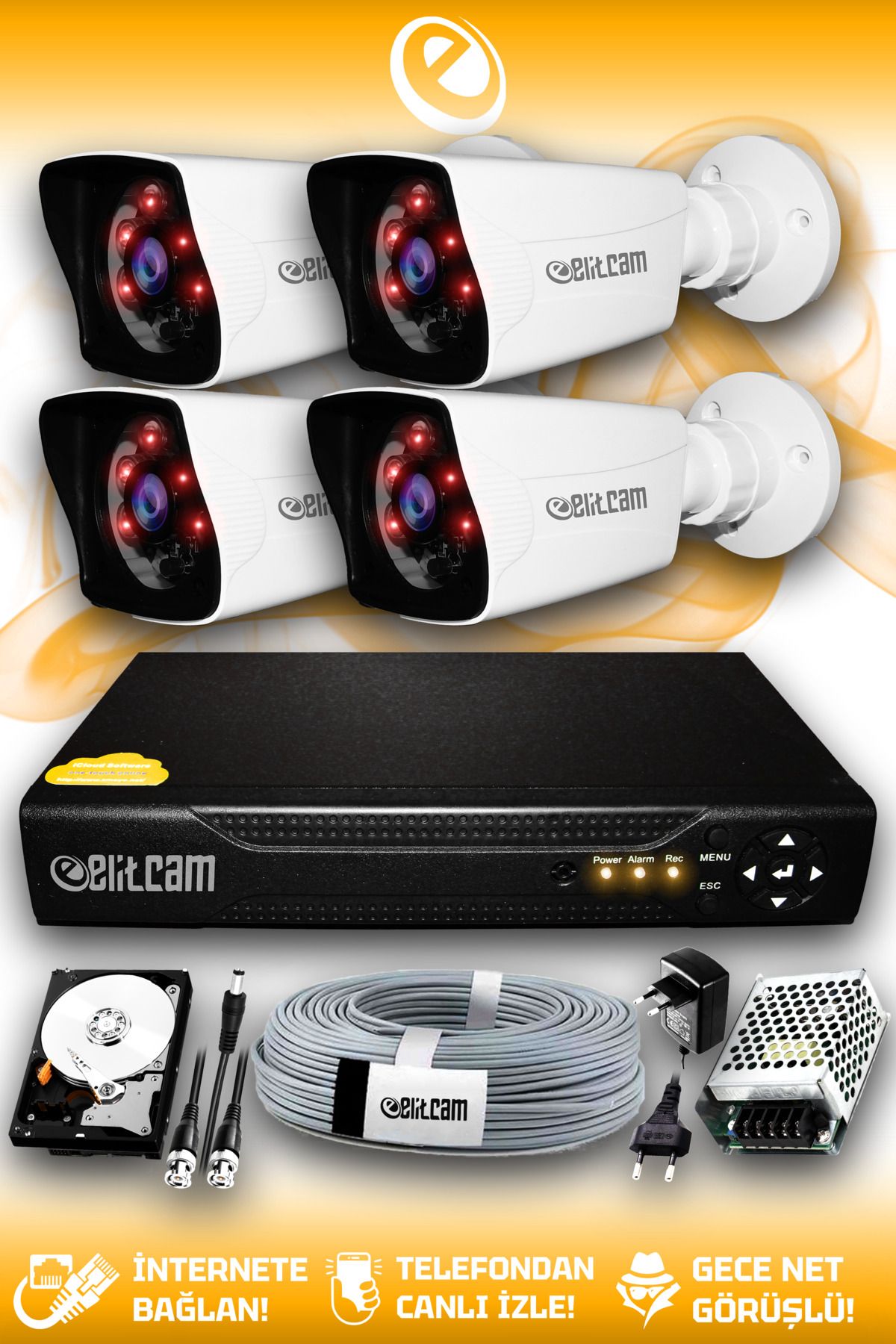 4 Kameralı Kare 4 Dış Kamera Set 250 Gb Hdd Full Hd Gece Görüşlü Güvenlik Kamerası Sistemi