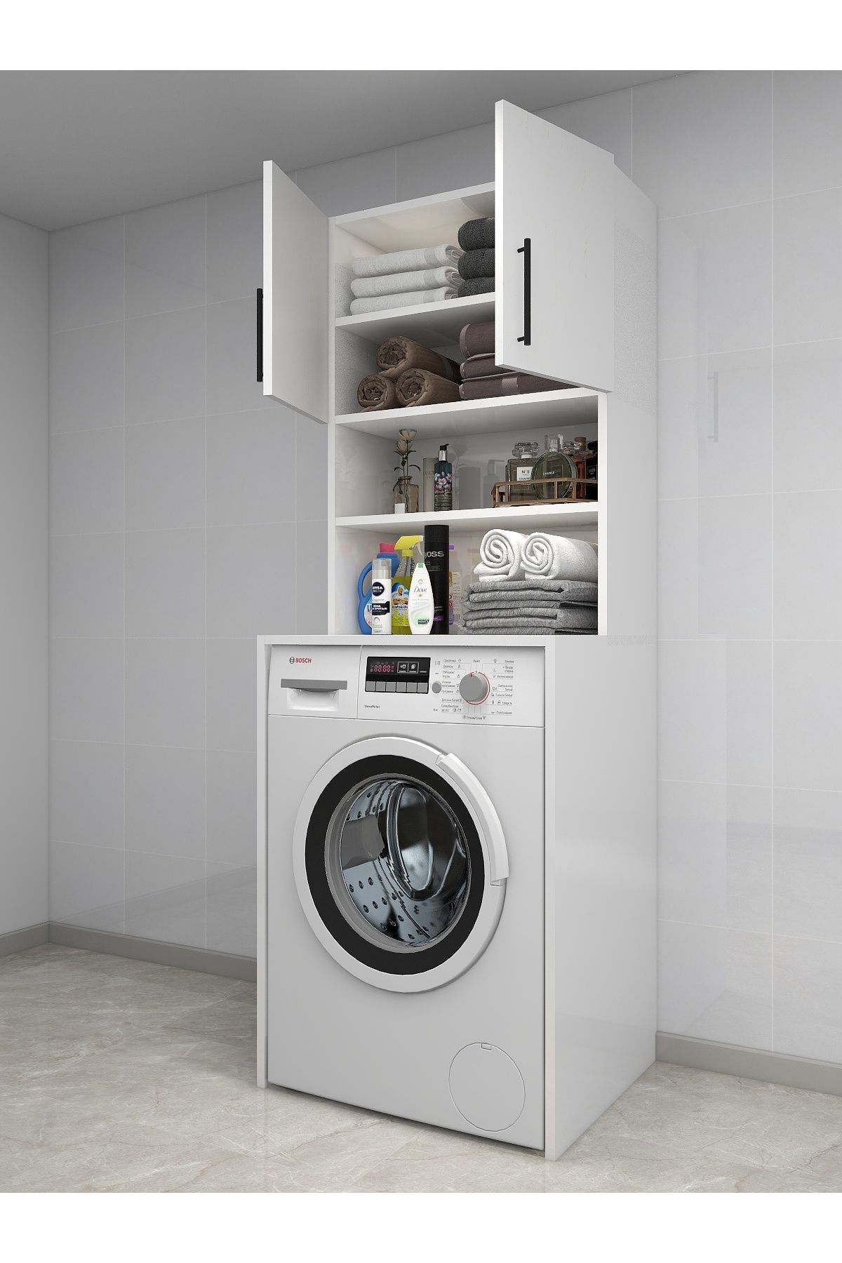 Papatya Çamaşır Makinesi Dolabı, Banyo Dolabı, 4 Raflı, Kapaklı, Beyaz Dolap