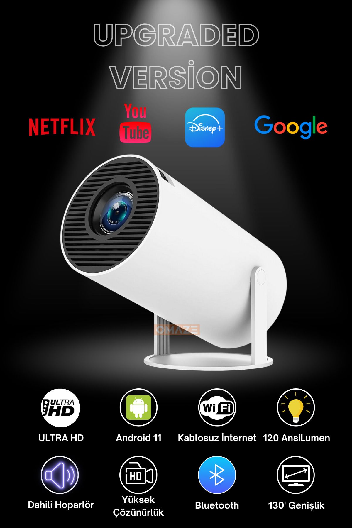 Taşınabilir Android Sinema Projeksiyon Wifi Destekli En Güncel Sürüm Akıllı Projektör Beyaz 720p