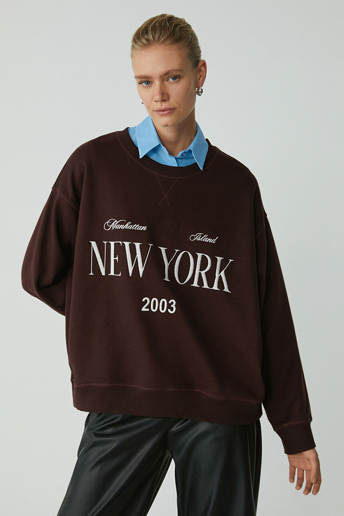 Petrabb Kadın Içi Polarlı Yumuşacık Comfort Önü Nakışlı Örme Bordo Büyük Beden Sweatshi