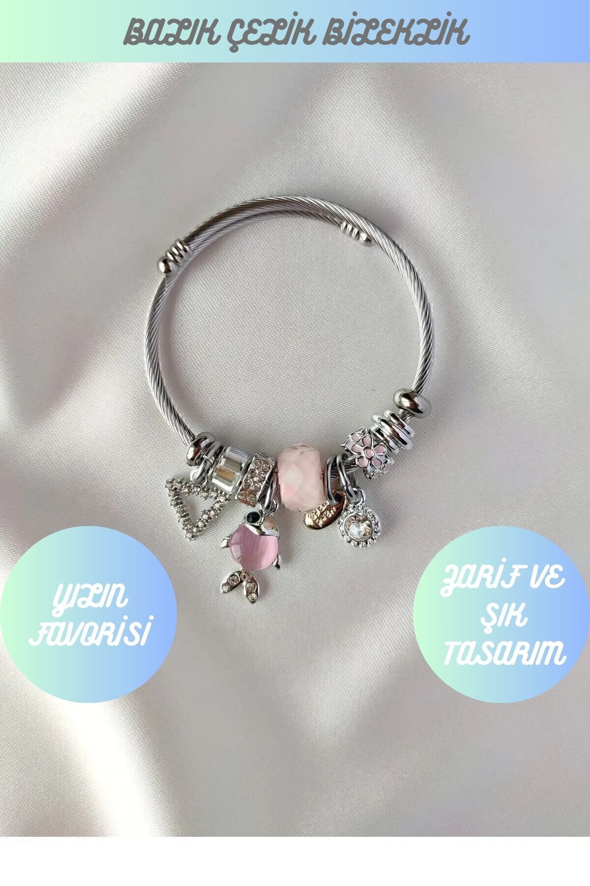 Pembe Balıklı Halkası Charmlı Gümüş Alaşımlı Paslanmaz Çelik Bileklik