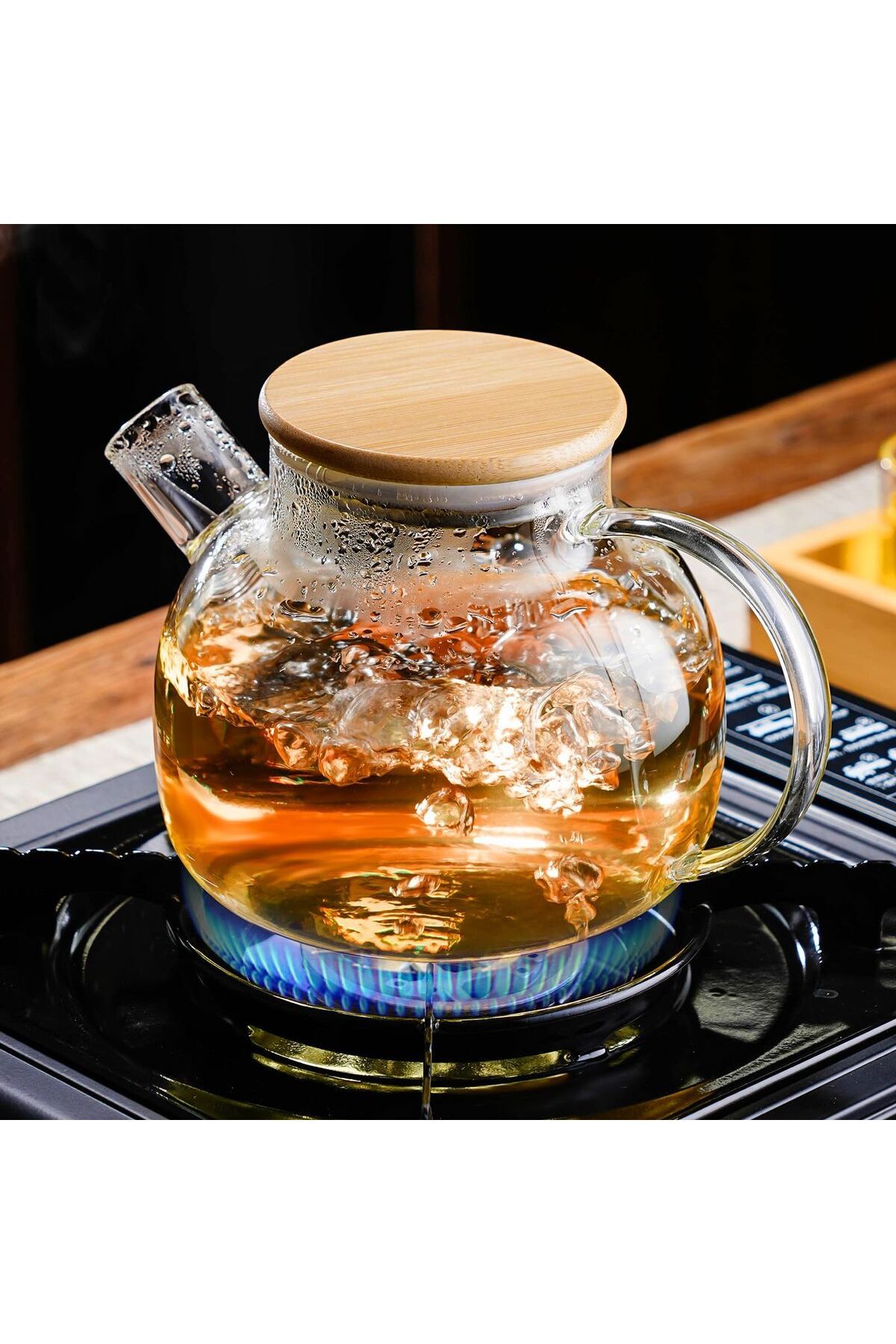 Isıya Dayanıklı Borosilikat Süzgeçli Cam Demlik (1000ML) Vakumlu Bambu-metal Kapak, Teapot