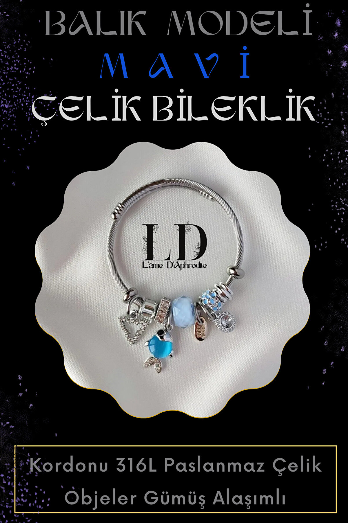 Mavi Balıklı Gümüş Charmlı Çelik Bileklik