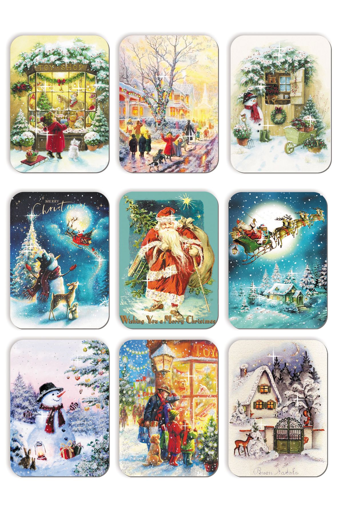 9 lu Simli Yılbaşı Kartpostal Seti Yeniyıl 9 Lu Kardan Adam Noel Baba Nostalji