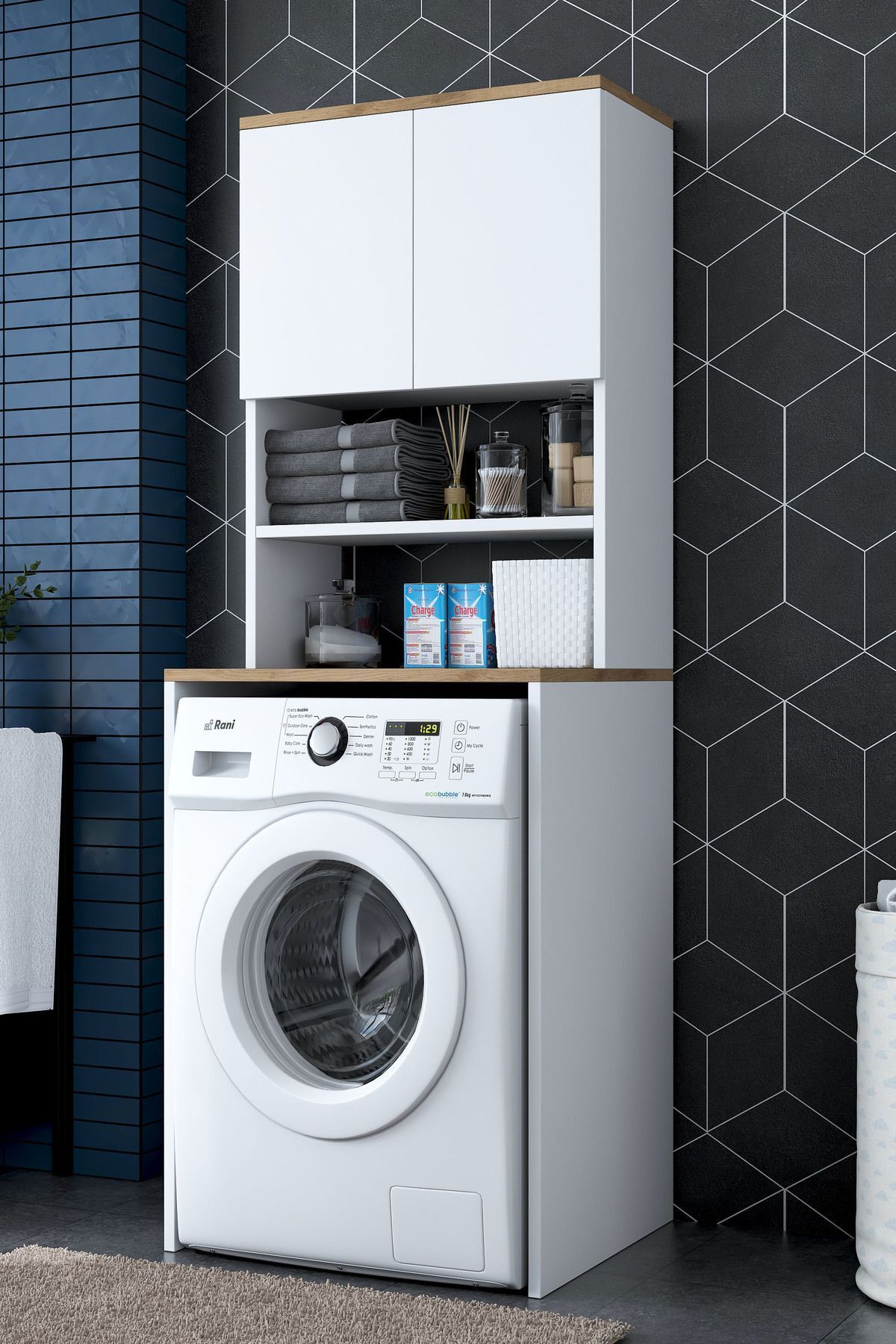 Rani Kd101 Çamaşır Makinesi Dolabı 3 Raflı Kapaklı Banyo Dolabı Beyaz - Sepet Ceviz