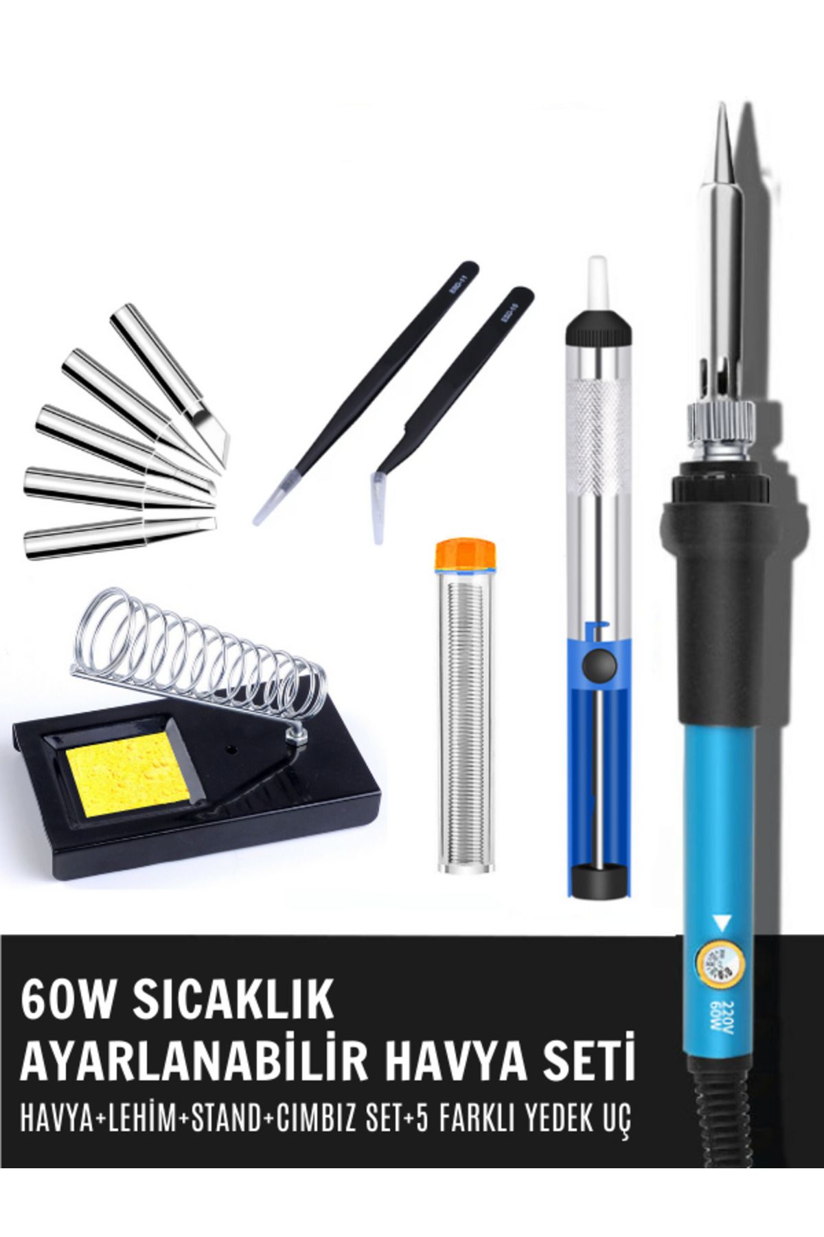 St-60 60w Sıcaklık Ayarlanabilir Havya,havya Standı,lehim Pompası,lehim Tüpü,cımbız Set,yedek Uç