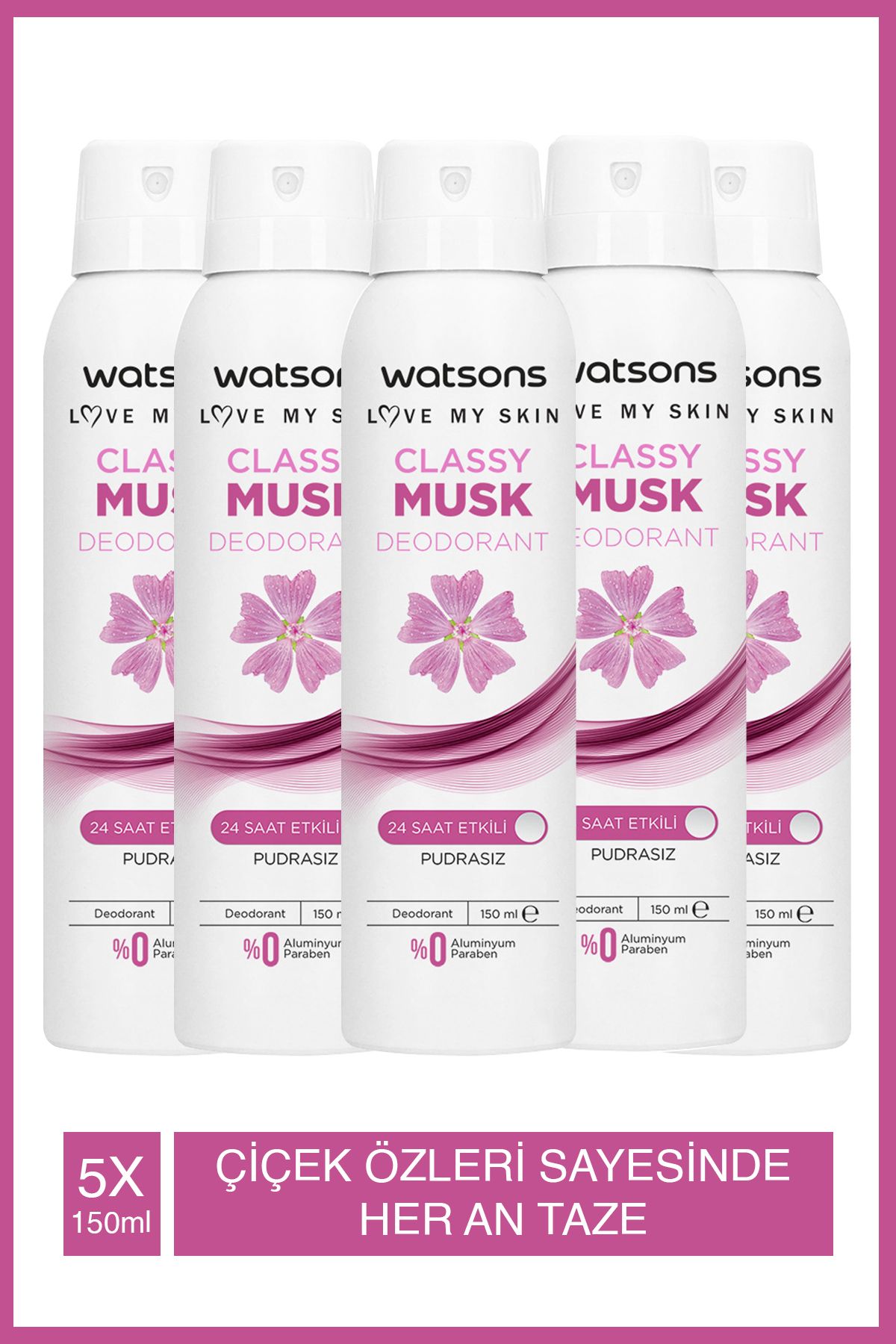 Classy Musk 24 Saat Etkili Pudrasız Deodorant Sprey 150 ml X5 Adet