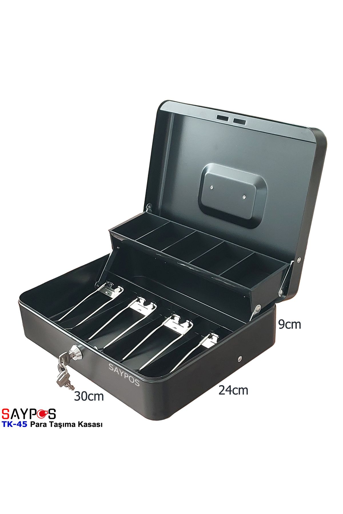 Büyük Metal Para Kasası Taşınabilir 4 Banknot 5 Madeni Para Bölmeli 31,5x24x10cm
