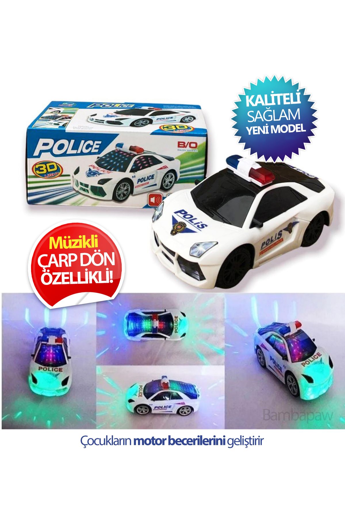 Işıklı Müzikli Polis Arabası - Çarp Dön Pilli Polis Arabası - Işıklı Sesli Oyuncak Araba