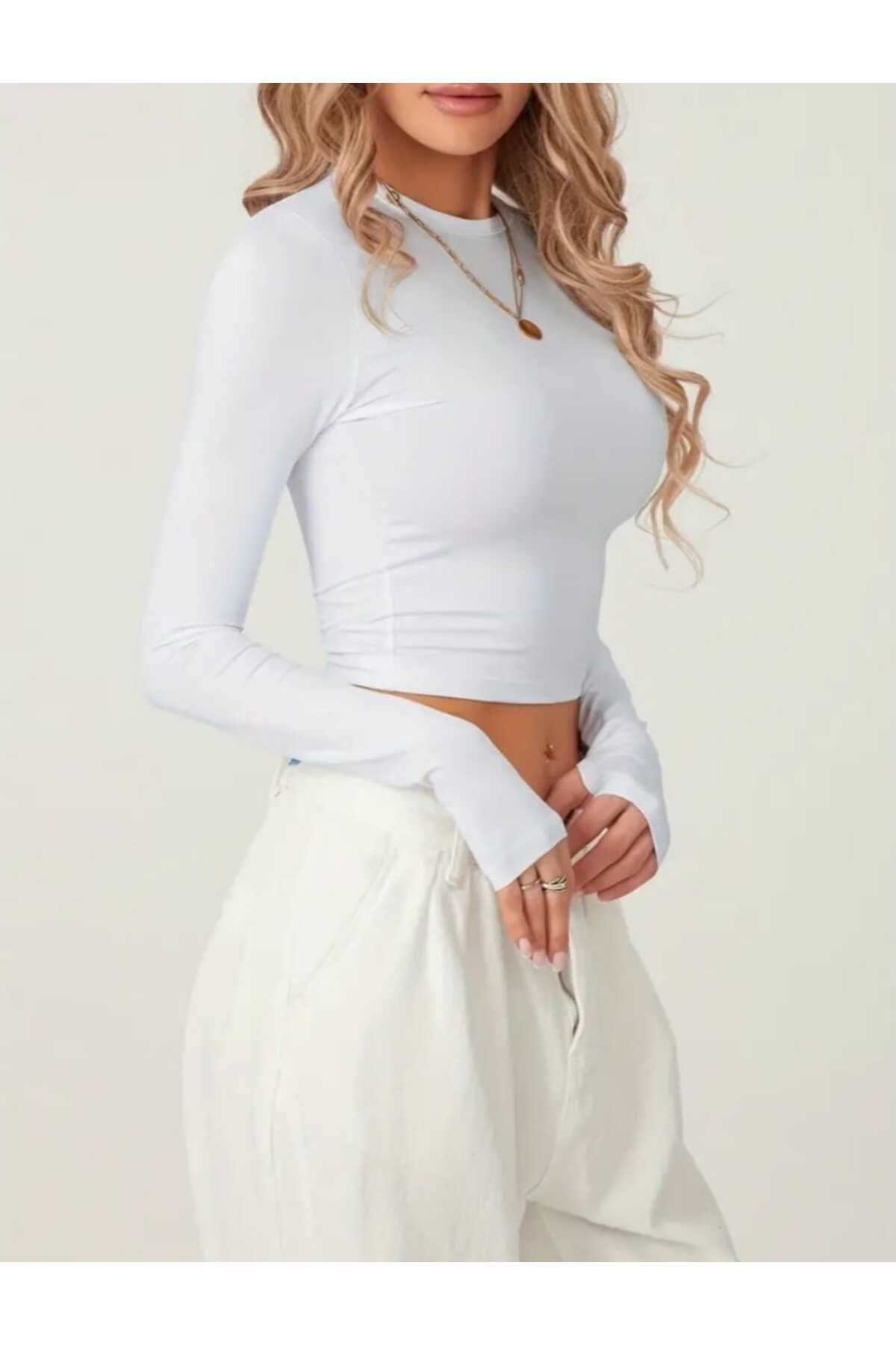 Beyaz Parmak Detaylı Spor Body, Basic Soft Touch ,  Spor Crop Beyaz