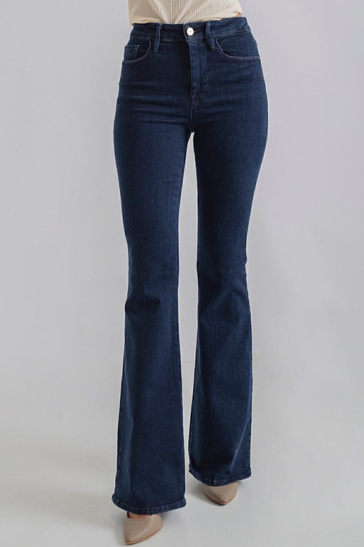 Terasa Koyu Mavi Likralı Yüksek Bel Ispanyol Jeans Pantolon