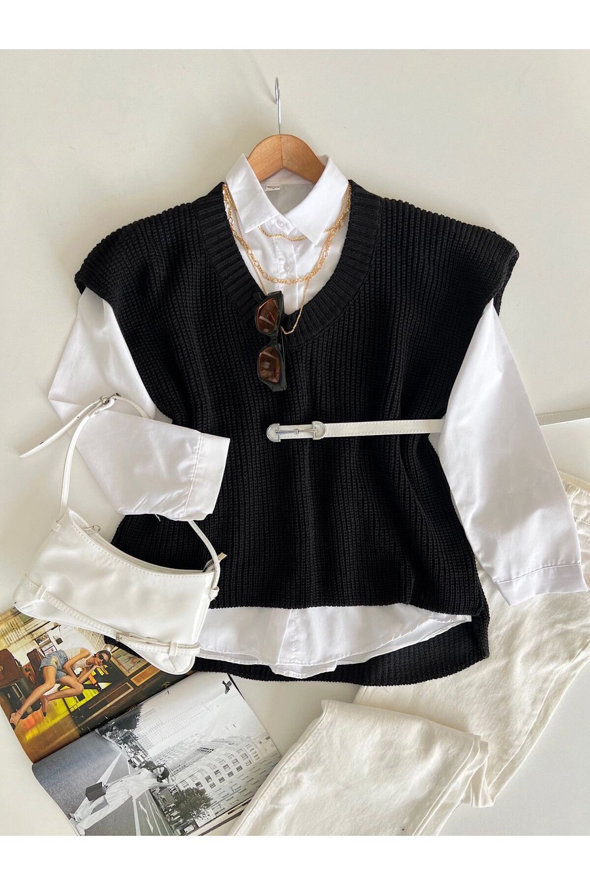 V Yaka Yırtmaclı Triko Selanik Süveter Ön Boy 65 Cm Arka Boy 70 Cm En 50 Cmdir