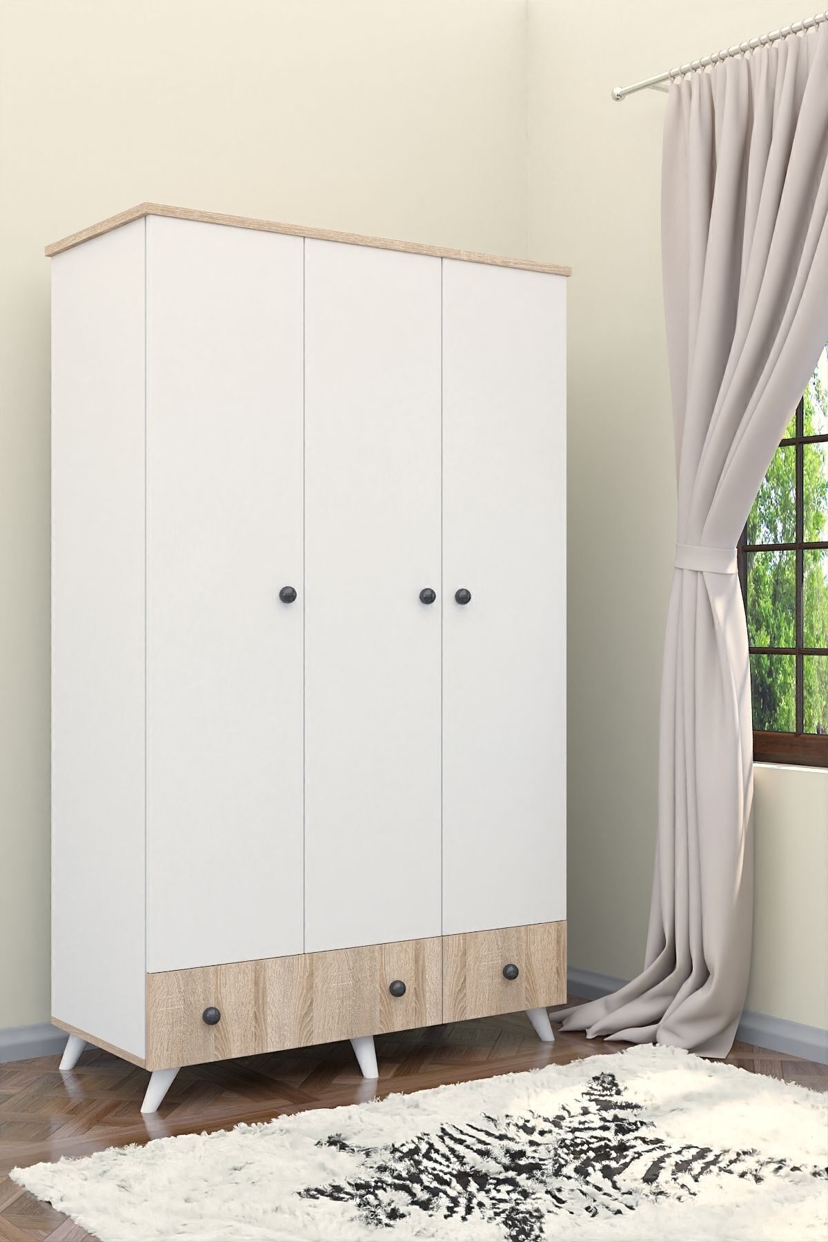 Ae-1093 Pera Beyaz-sonomo 3 Kapaklı Gardırop 2 Çekmeceli, Raflı, Askılıklı Dolap