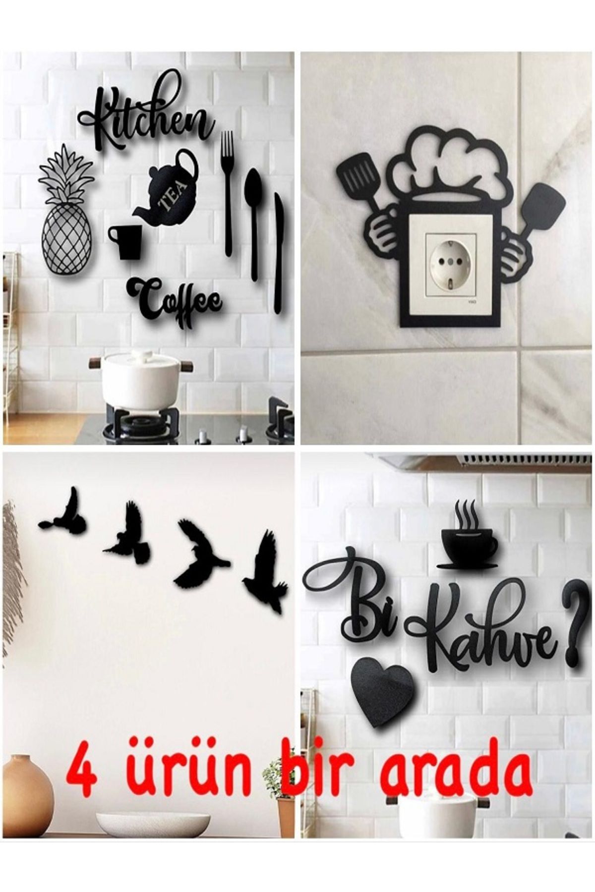 Kitchen 9 Parça + Mutfak Priz + Bi Kahve + 4'lü Kuş Duvar Dekoru 4 Ürün 1 Arada