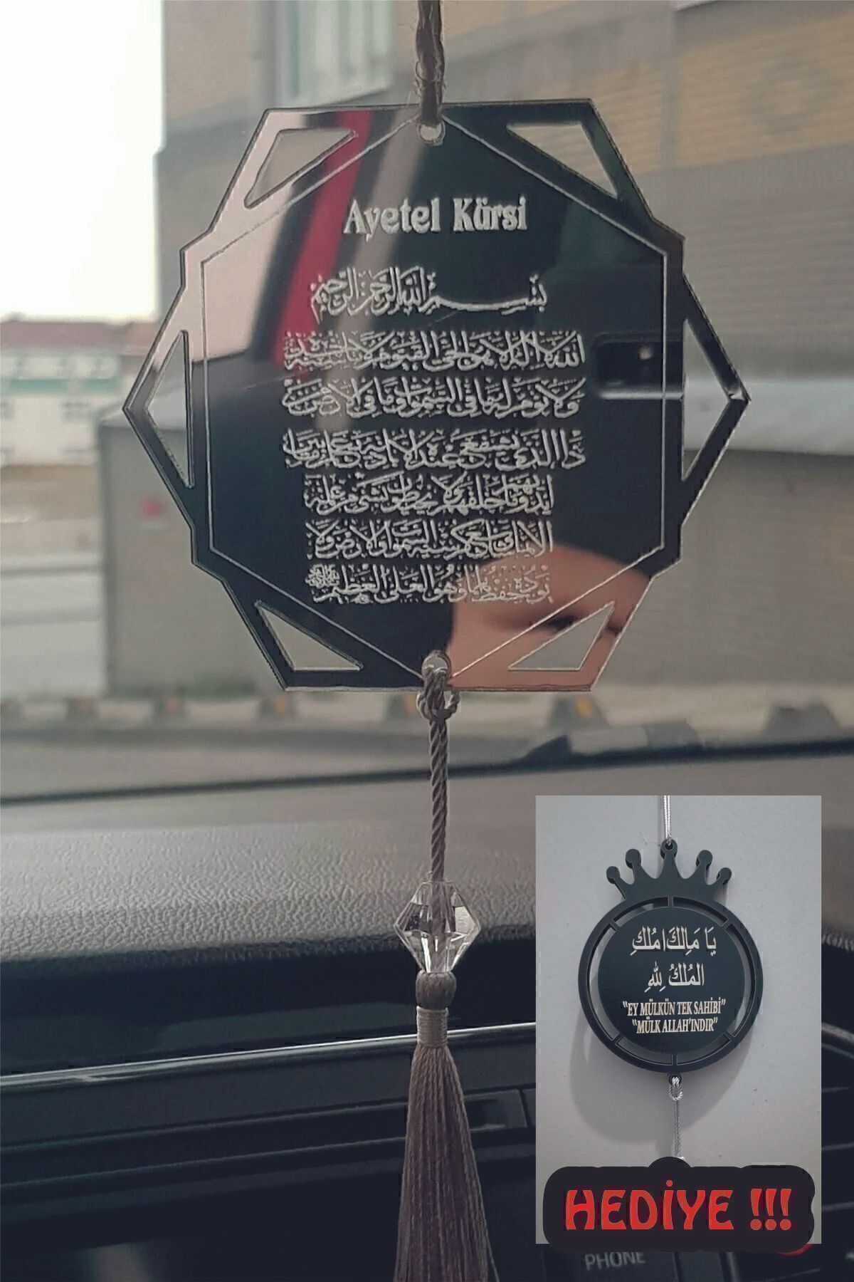 Pleksi Çift Taraflı Araba Süsü Altıgen Ayetel Kürsi Dualı, Hediyeli !!! Dikiz Aynası Süsü