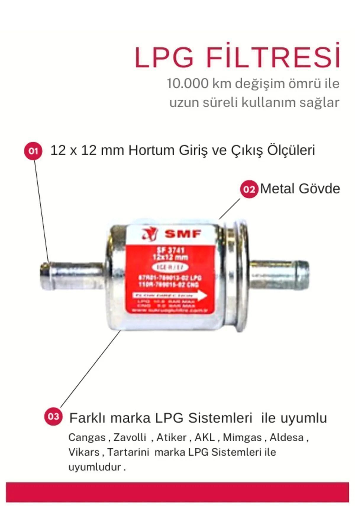 Lpg Otogaz Filtresi 12x12 Cangas , Zavolli , Atiker , Akl ,aldesa ,mimgas, Vikars Uyumlu
