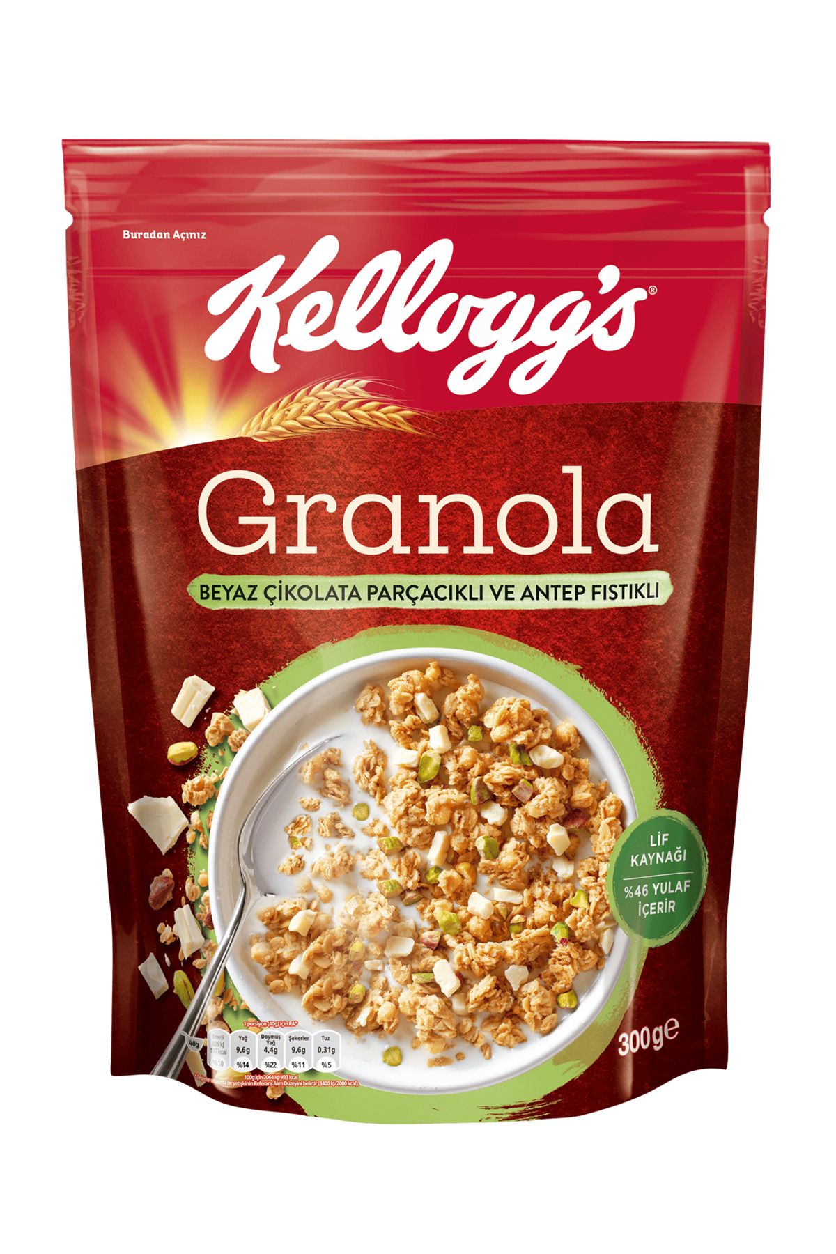 Beyaz Çikolata Parçacıklı Ve Antep Fıstıklı Granola 300 G,%46 Yulaf Içerir,lif Kaynağı