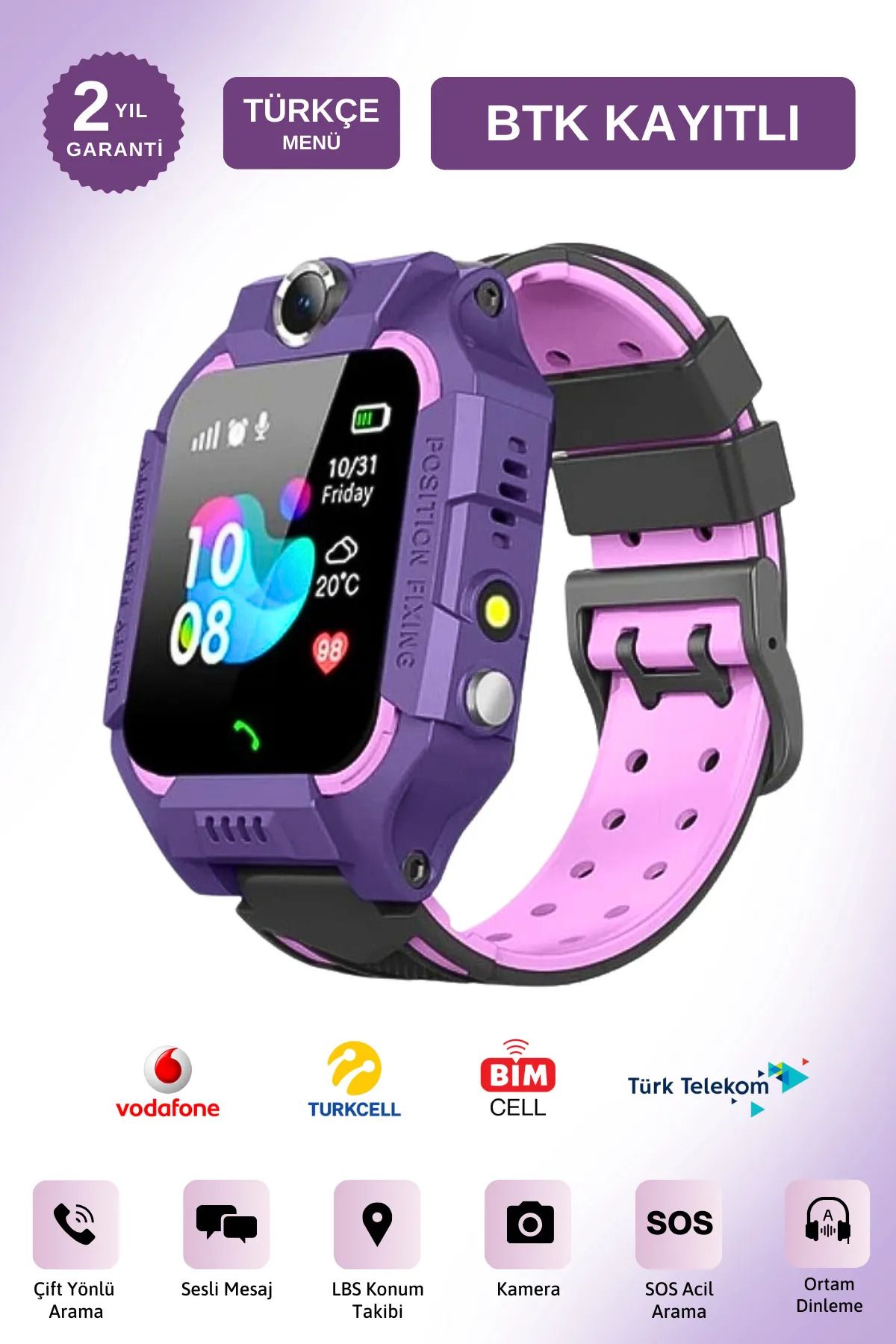 Z10 Sim Kart Girişli Akıllı Çocuk Takip Saati Uzaktan Dinleme Özellikli Türkçe Menü Mor Btk