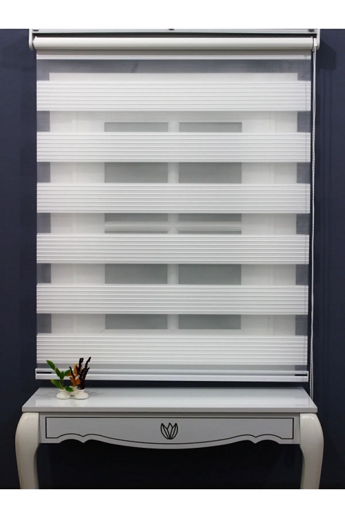 Ekru Beyaz Geniş Plise Eteği Düz Stor Zebra Güneşlik Perde Alüminyum Kasa, Metal Ayak