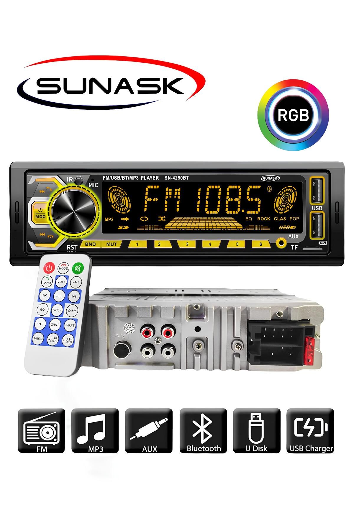 Sn-4250bt Çift Usb Araba Oto Teyp Radyo Bluetooth Usb Sd Aux Rgb Tuş Işığı 4x75 Watt