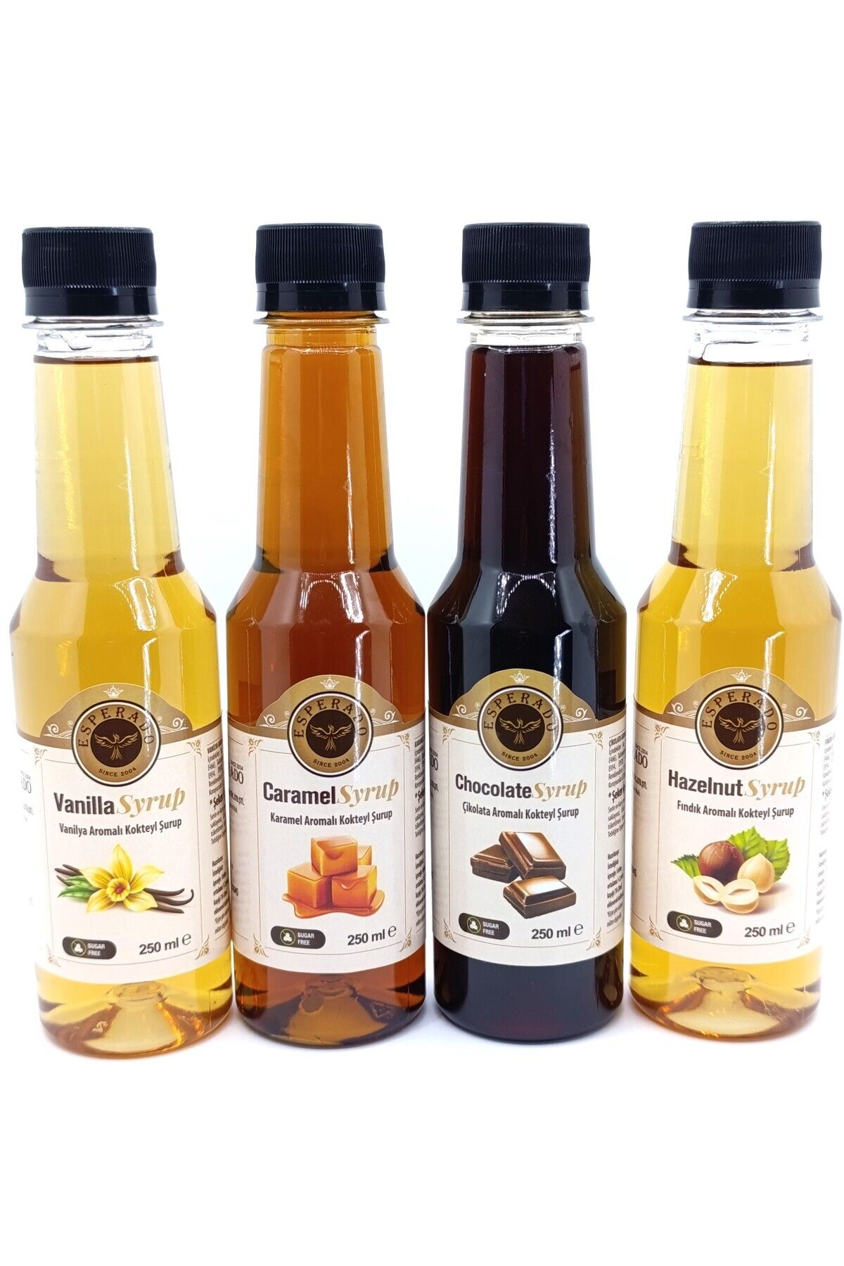 Şekersiz (SUGAR FREE)- Vanilya * Fındık * Karamel * Çikolata Aromalı Kahve Şurubu 4 Lü Set 4.x250 ml