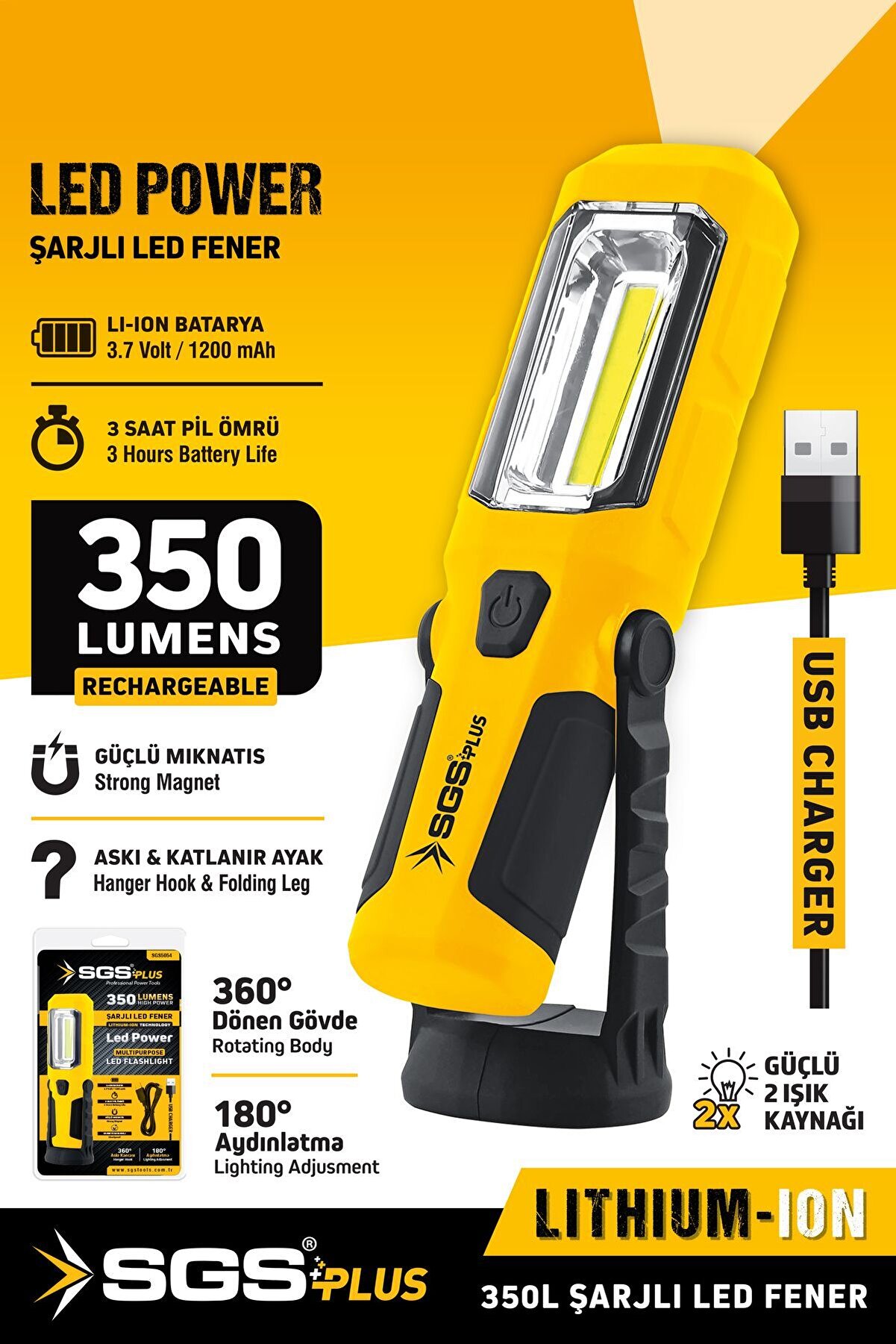 Sgs5054 Şarjlı El Feneri Led Ampul 350 Lumen 3.7 Volt Mıknatıslı El Feneri