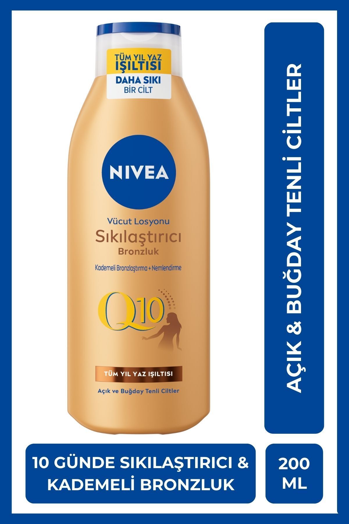 Q10 Sıkılaştırıcı Ve Bronzlaştırıcı Vücut Losyonu 200ml, Kademeli Bronzluk, 10 Günde Sıkılaştırıcı