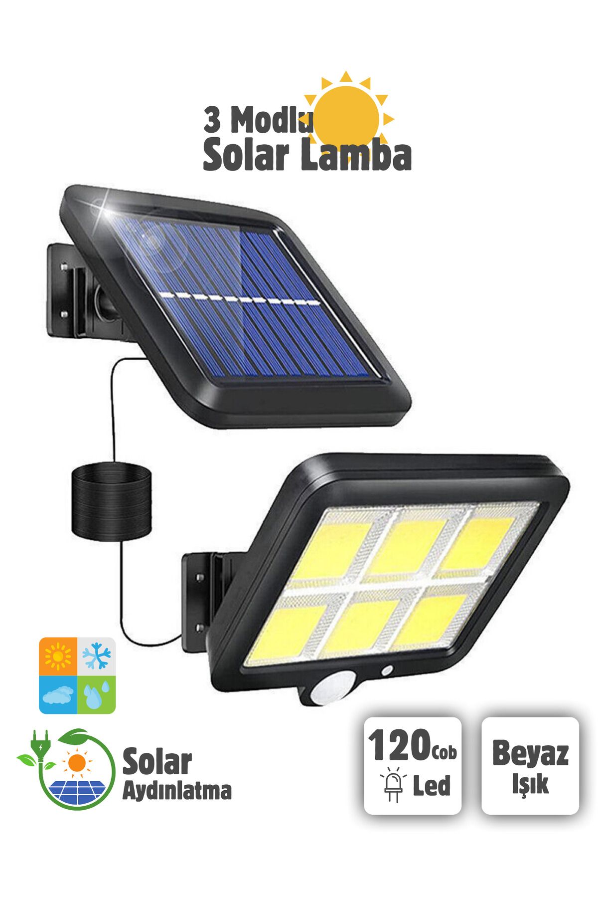 120 Cob Led 4,70 Mt Kablolu Solar Panel Güneş Enerjili Kumandalı 3 Mod Duvar Lambası