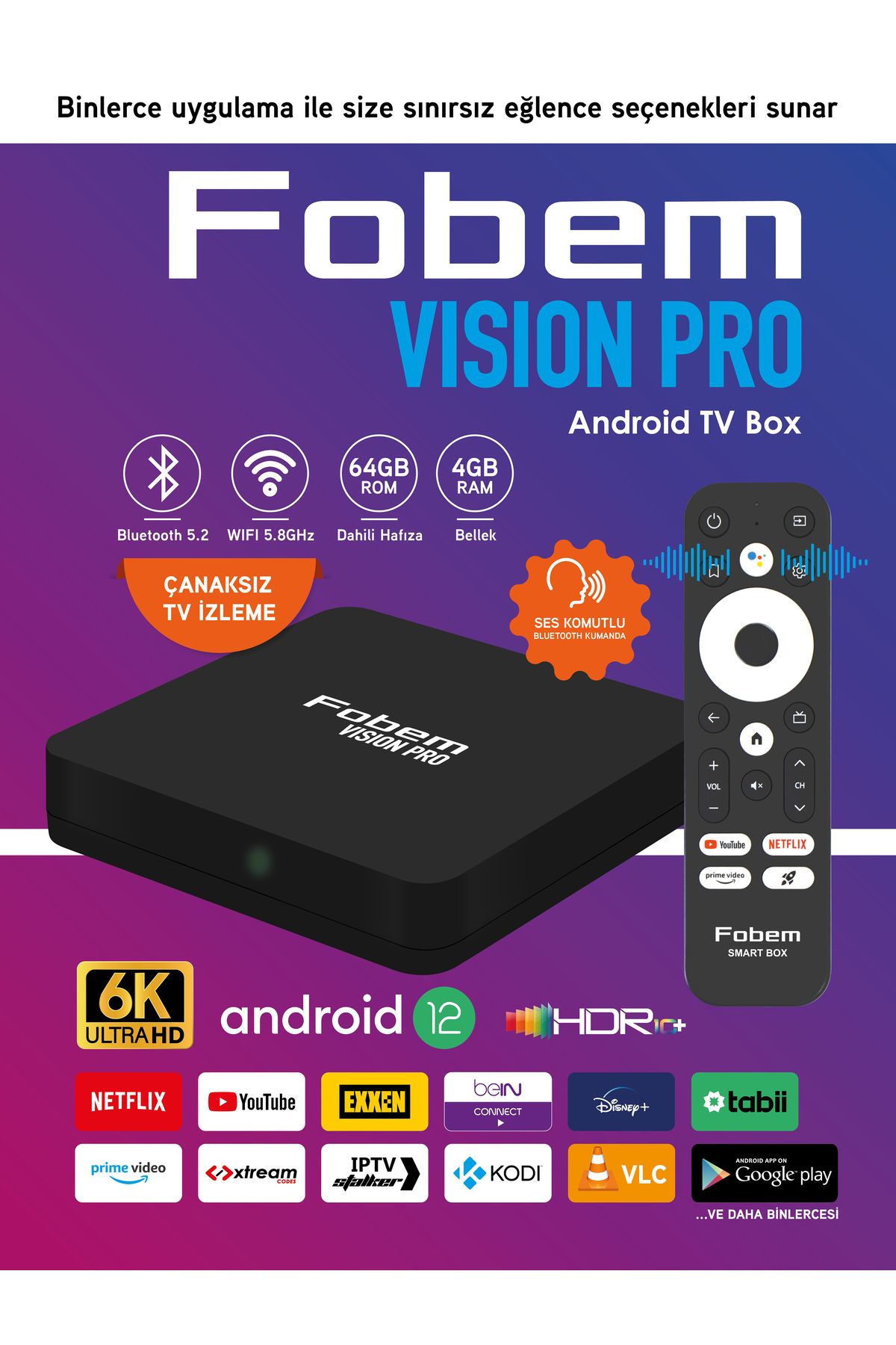 Vision PRO 6K Android TV Box Medya Oynatıcı - Sesli Komut Bluetooth Wi-Fi  4 GB Ram 64 GB Hafıza