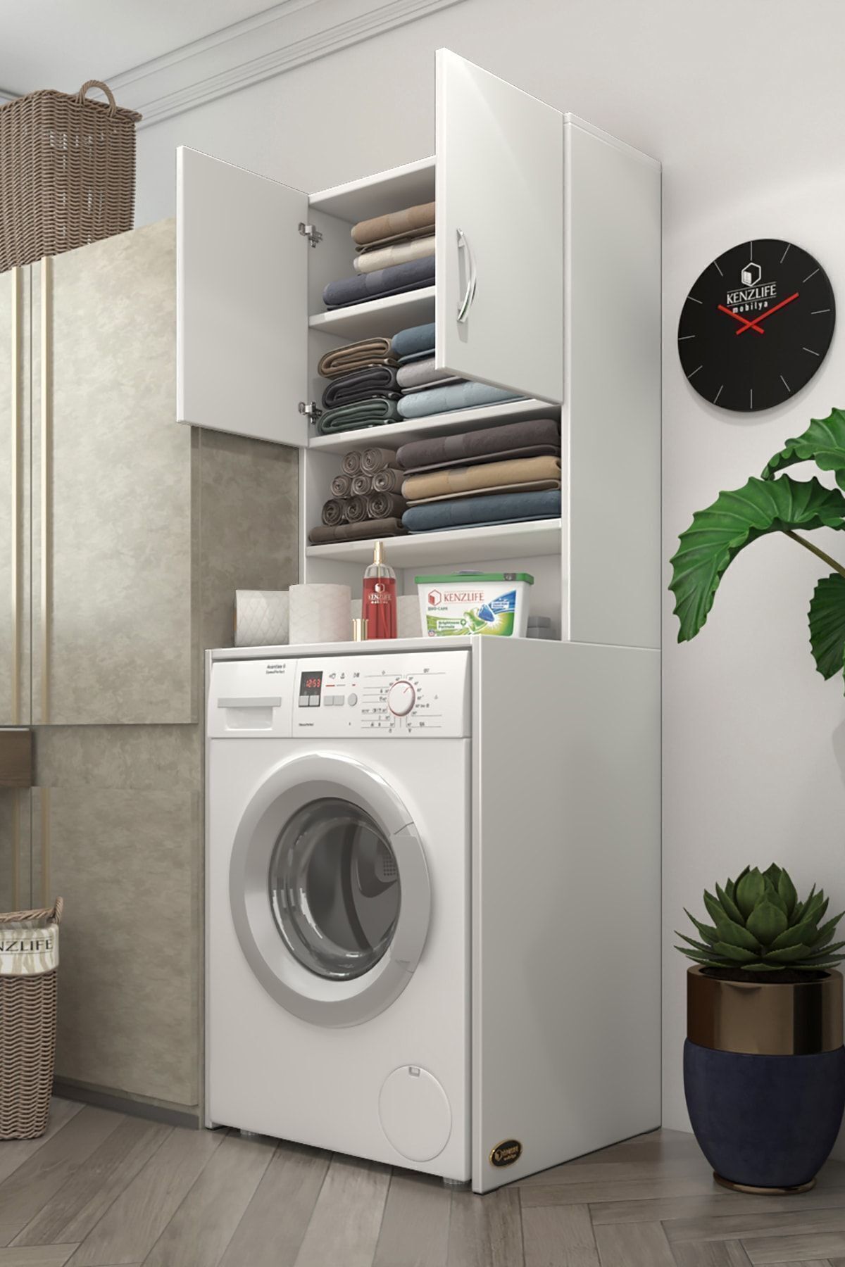 Çamaşır Makinesi Dolabı Hayzum Byz 180*066*55 Banyo Kiler Çift Kapaklı Arkalıklı