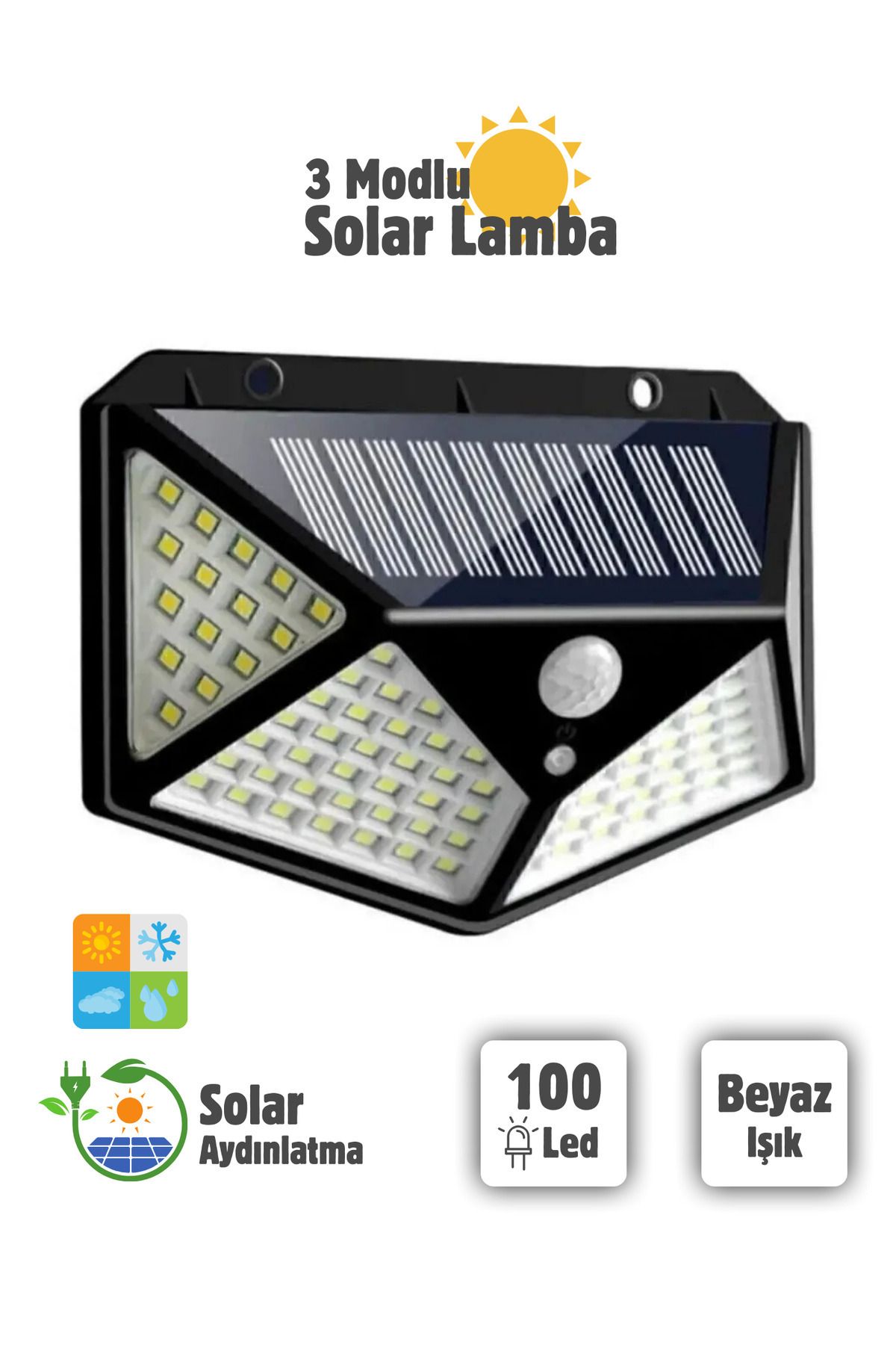 100 Led Solar Pır Hareket Sensörlü Su Geçirmez Duvar Lambası Ip65