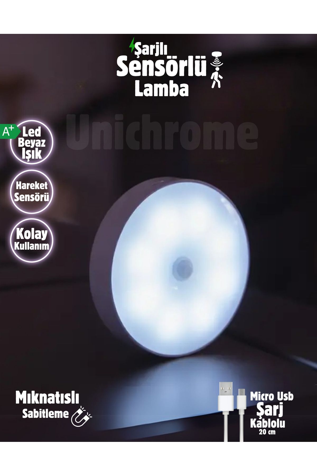 Pır Hareket Sensörlü Usb Şarj Edilebilir Beyaz Renk Led Işık Lamba Dolap Içi Ev Lamba